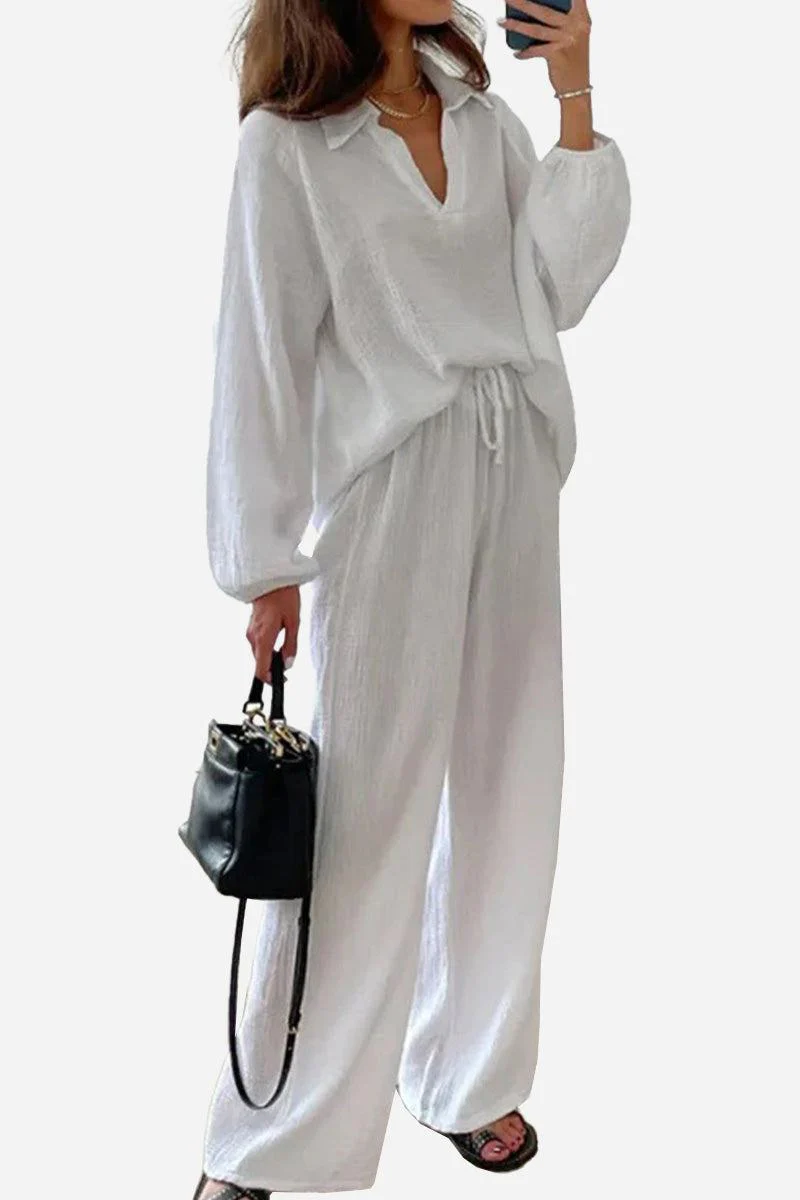 100% Cotton Collared Two-piece Set With Bishop Sleeves - Image 16