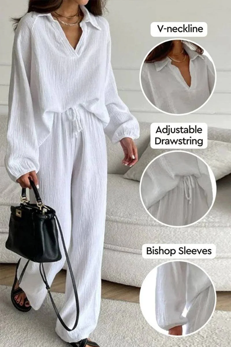 100% Cotton Collared Two-piece Set With Bishop Sleeves - Image 2