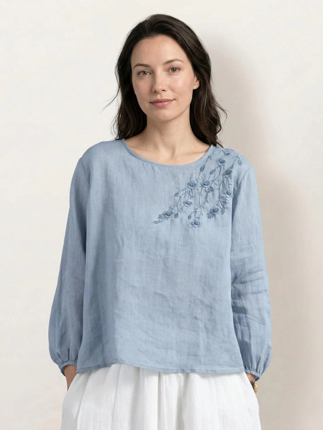 100% Cotton-Linen Embroidered Blouse - Image 11