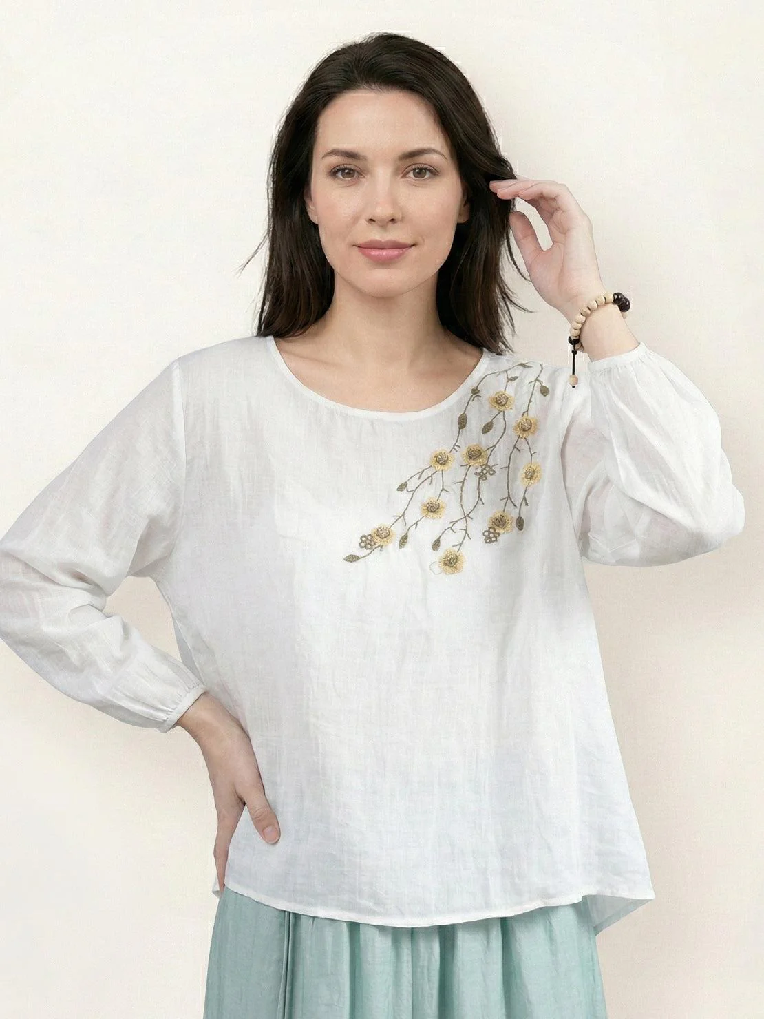 100% Cotton-Linen Embroidered Blouse - Image 21