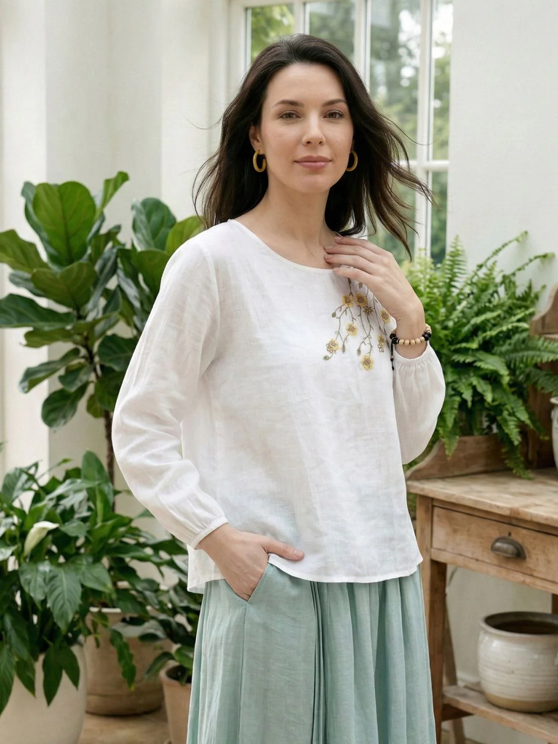 100% Cotton-Linen Embroidered Blouse - Image 22