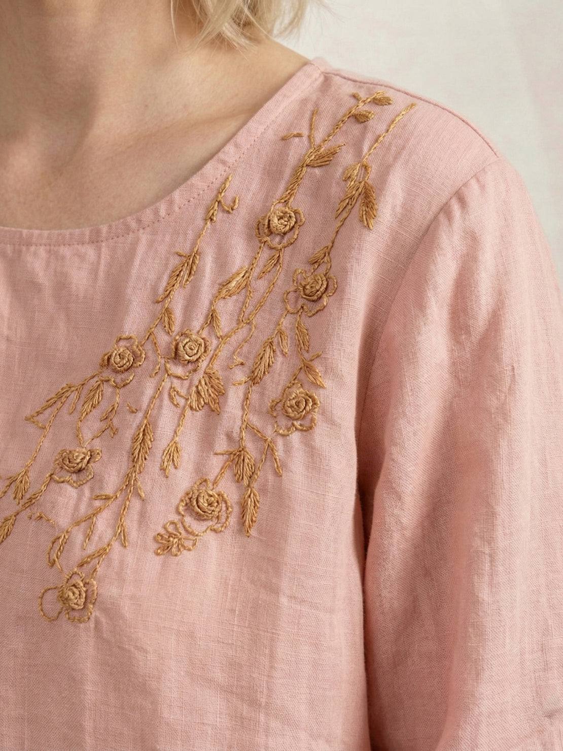 100% Cotton-Linen Embroidered Blouse - Image 5