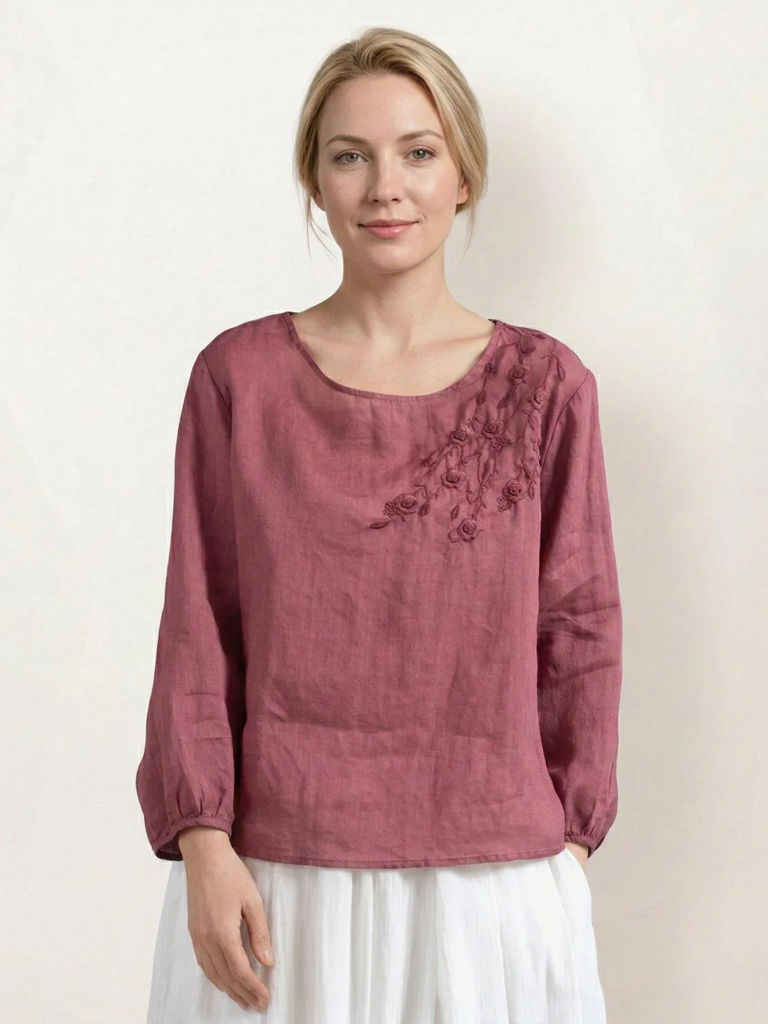 100% Cotton-Linen Embroidered Blouse - Image 6