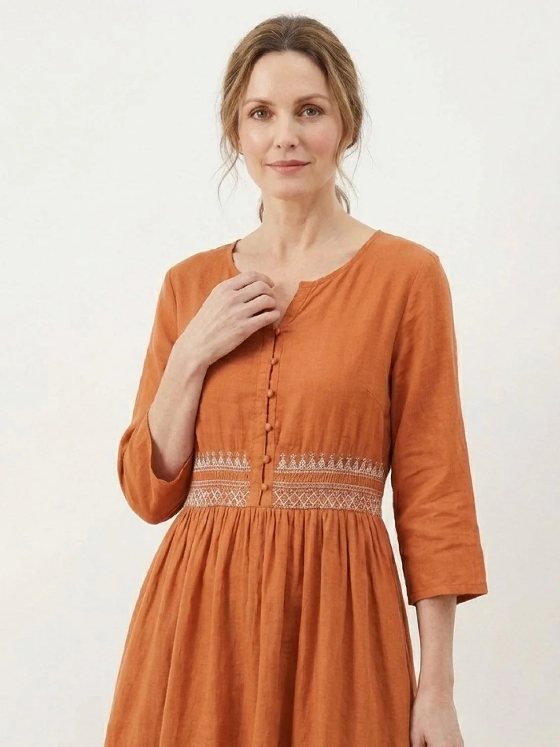 100% Cotton Linen Embroidered Midi Dress - Image 3