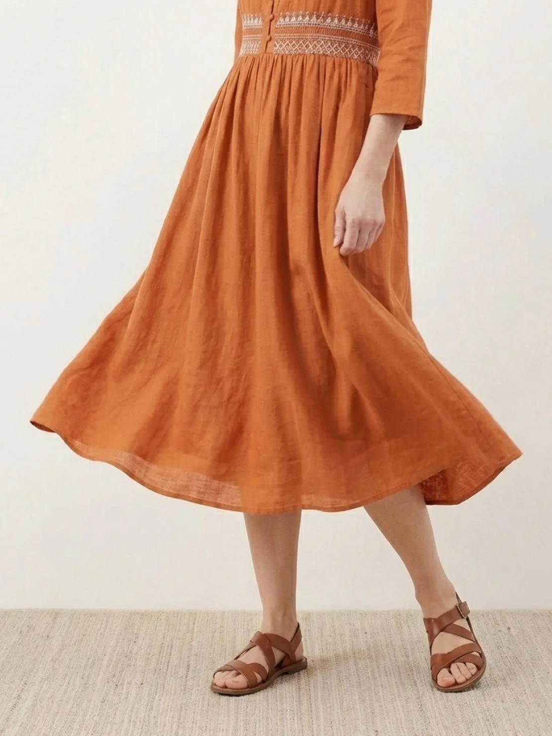 100% Cotton Linen Embroidered Midi Dress - Image 4