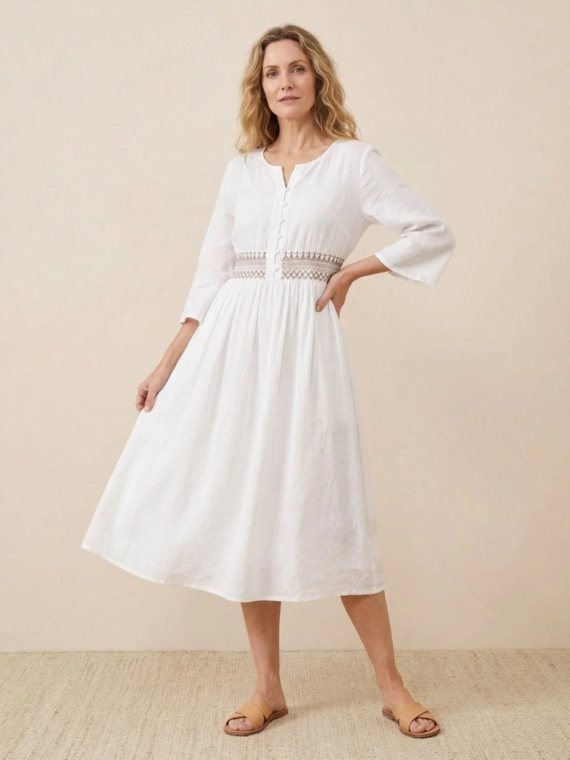 100% Cotton Linen Embroidered Midi Dress - Image 7