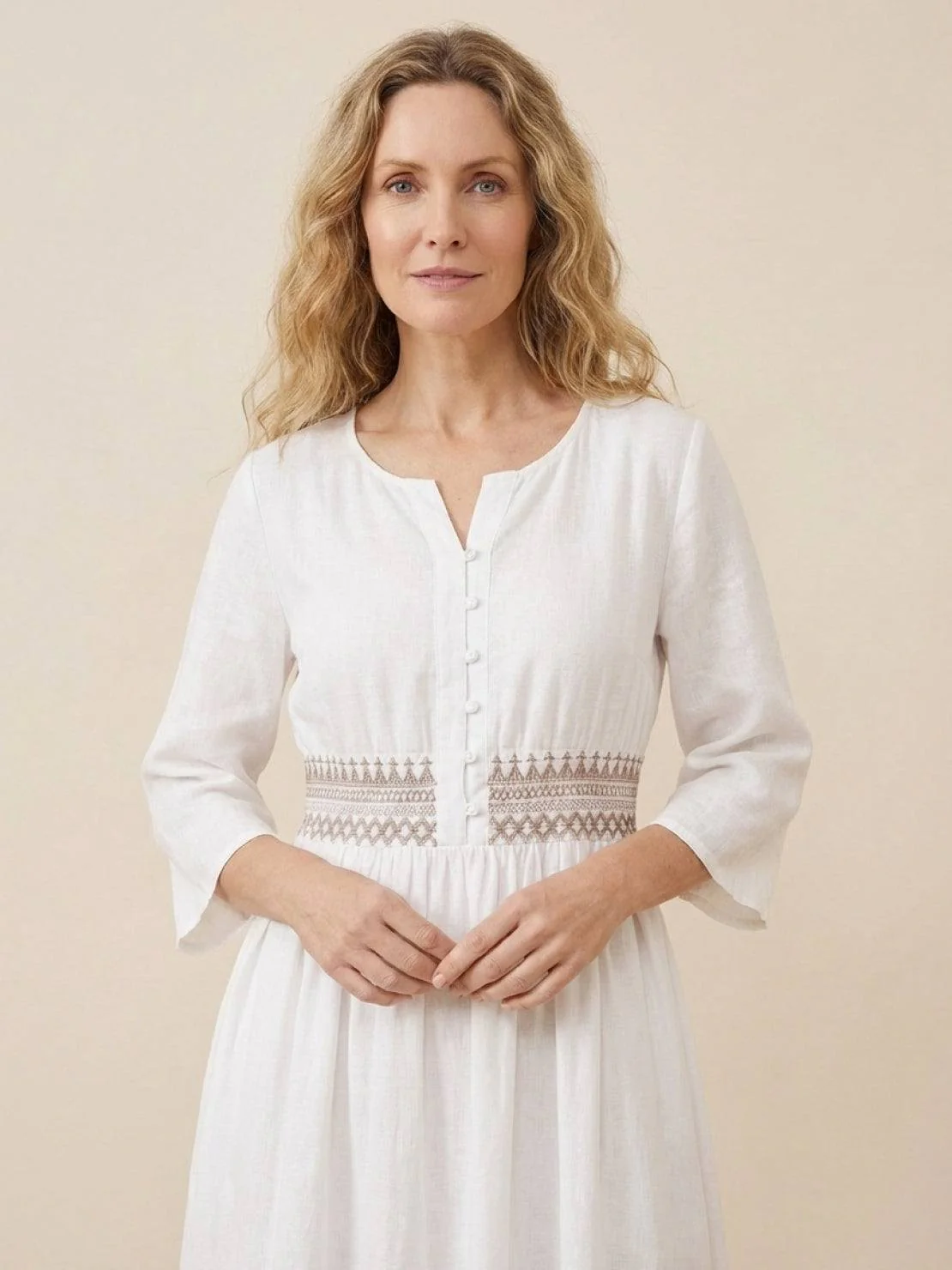 100% Cotton Linen Embroidered Midi Dress - Image 9