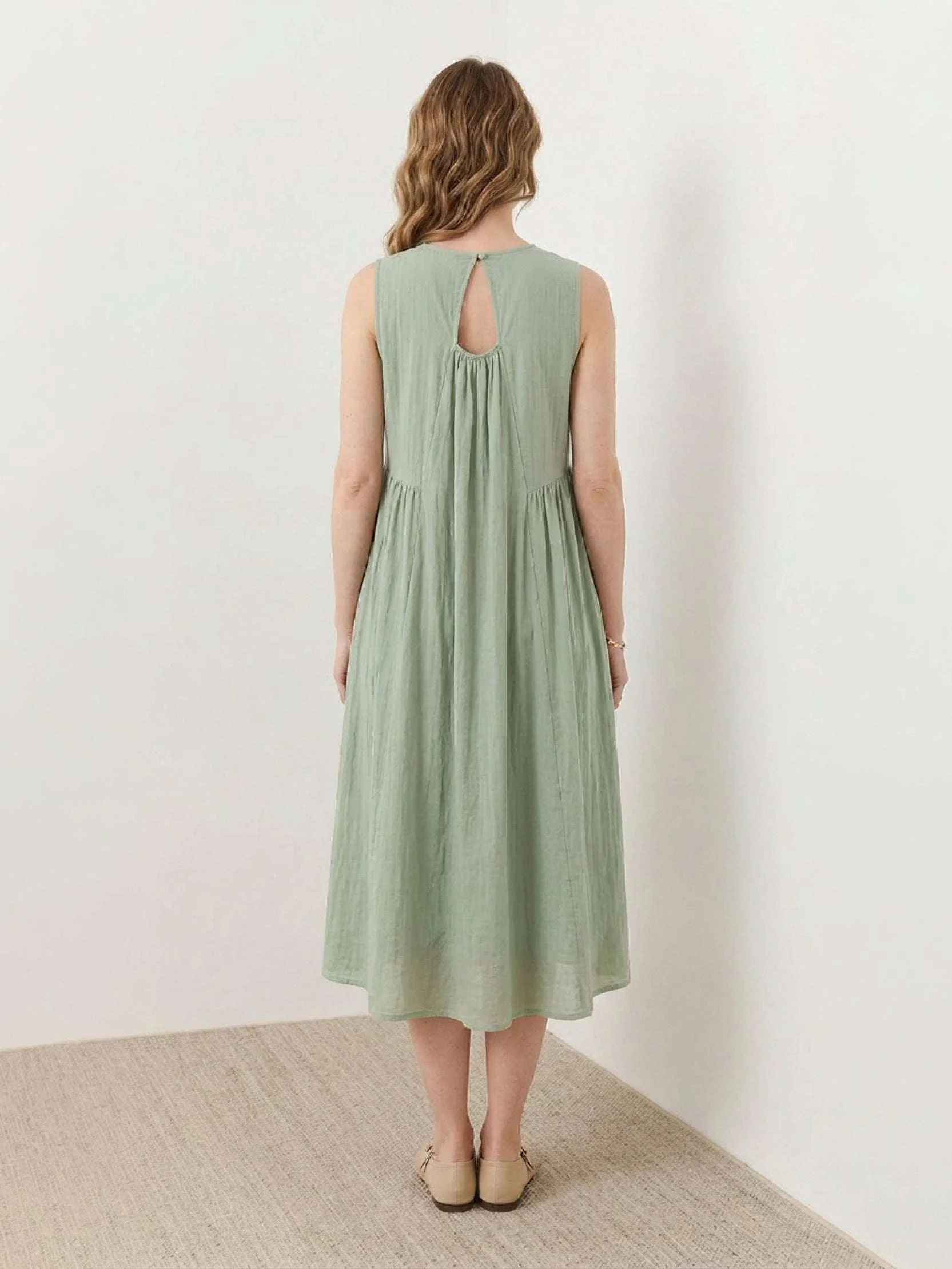 100% Cotton Linen Pleated Midi Dress - Image 10
