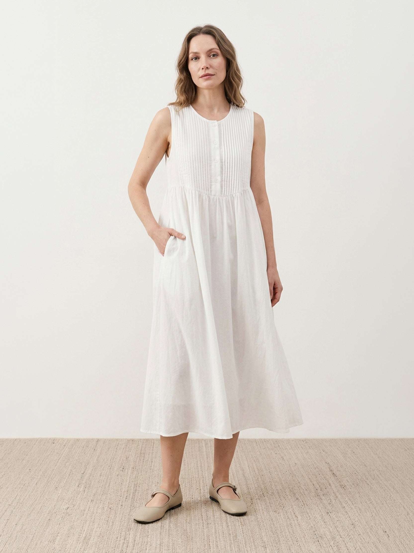 100% Cotton Linen Pleated Midi Dress - Image 13