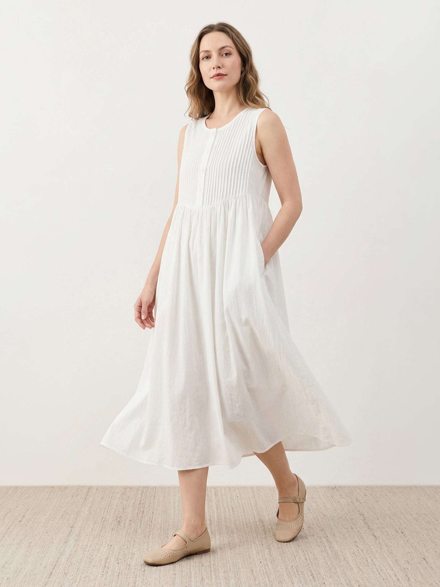 100% Cotton Linen Pleated Midi Dress - Image 14