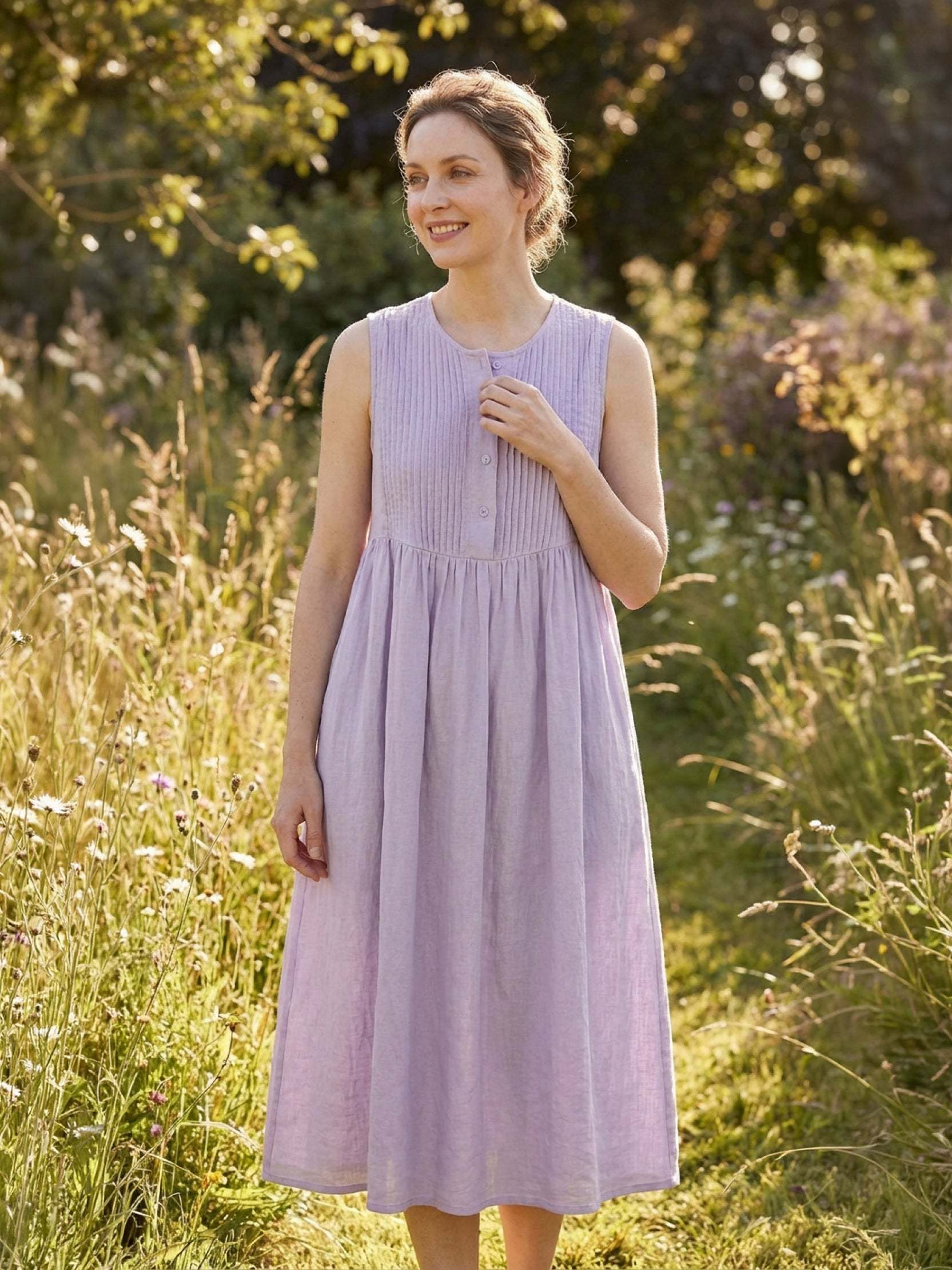 100% Cotton Linen Pleated Midi Dress - Image 3