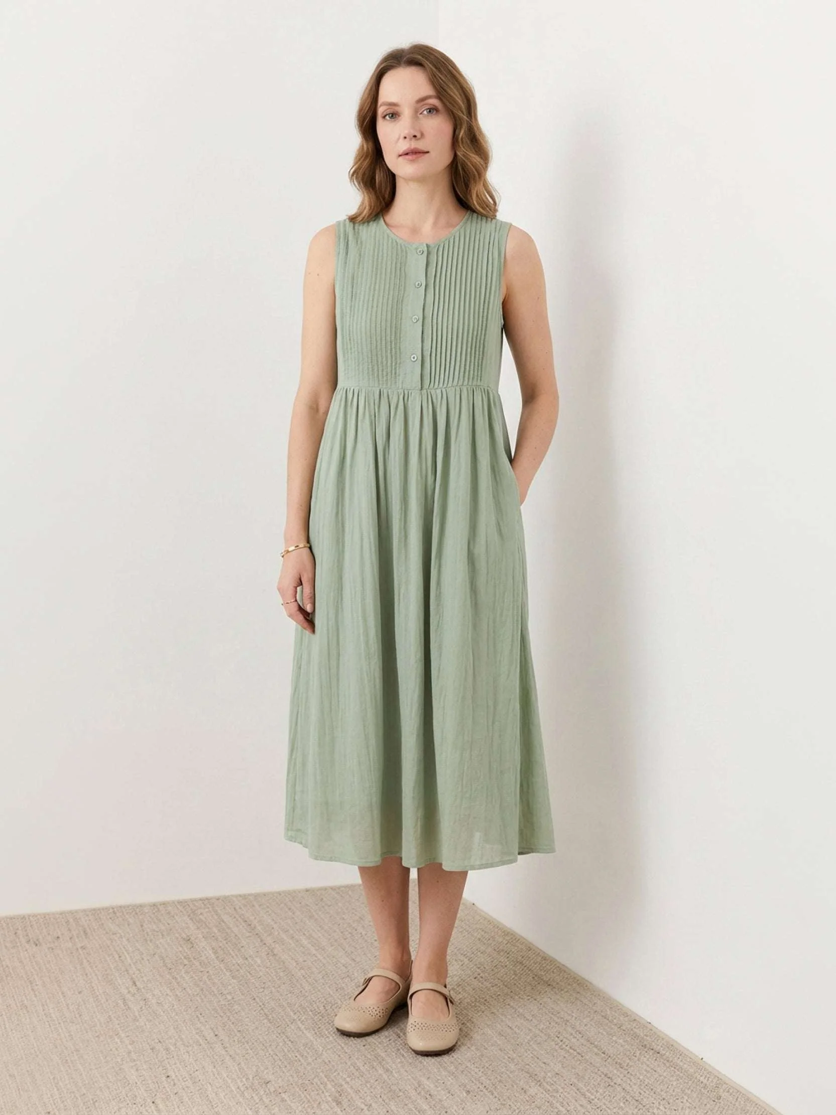 100% Cotton Linen Pleated Midi Dress - Image 7