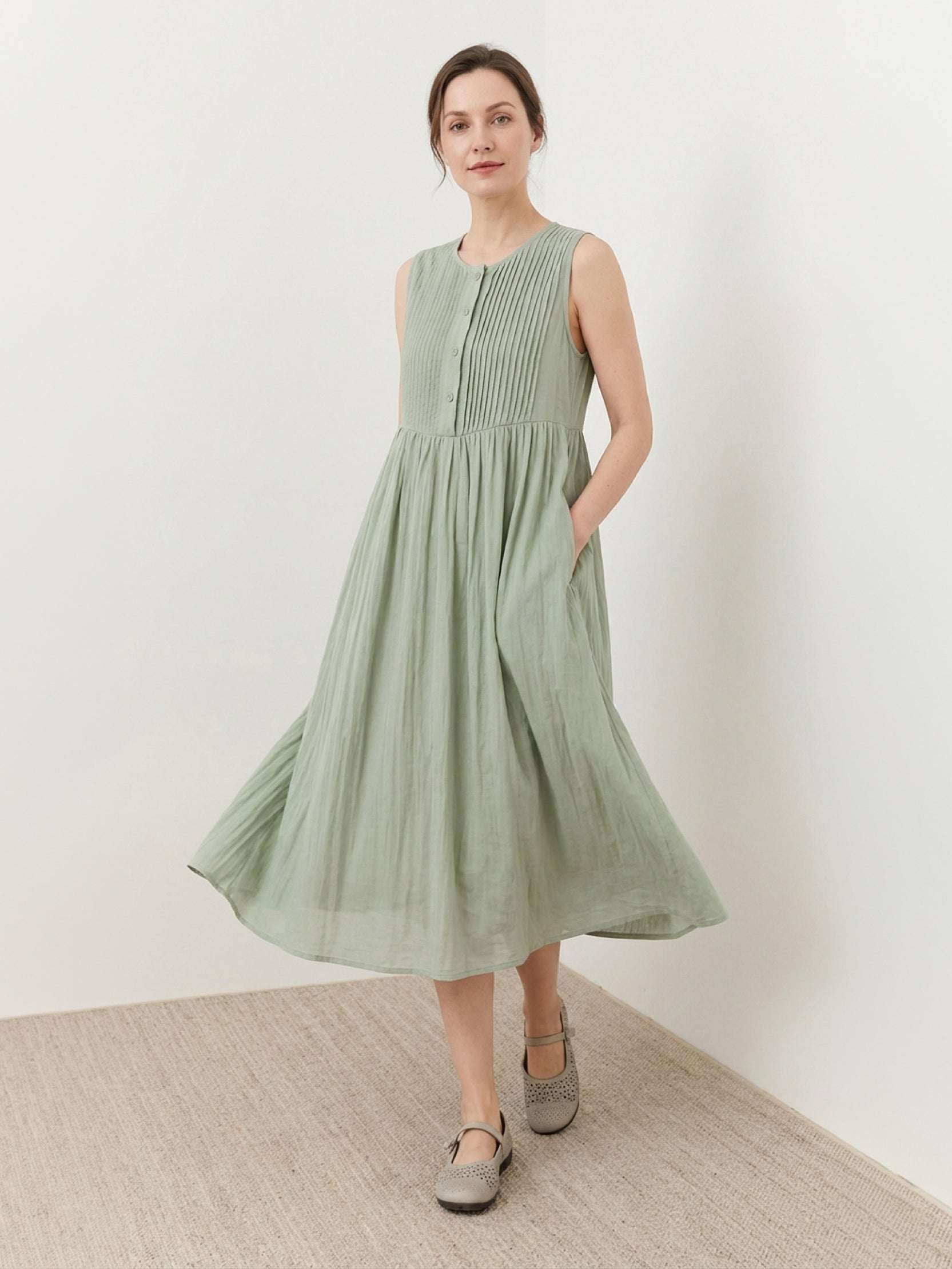 100% Cotton Linen Pleated Midi Dress - Image 8