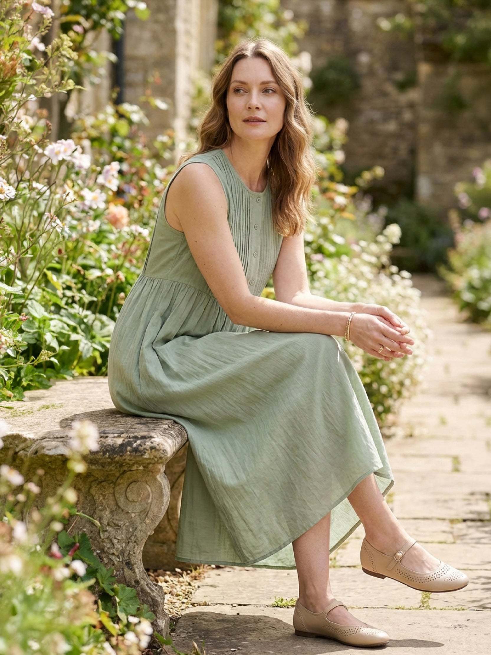 100% Cotton Linen Pleated Midi Dress - Image 9