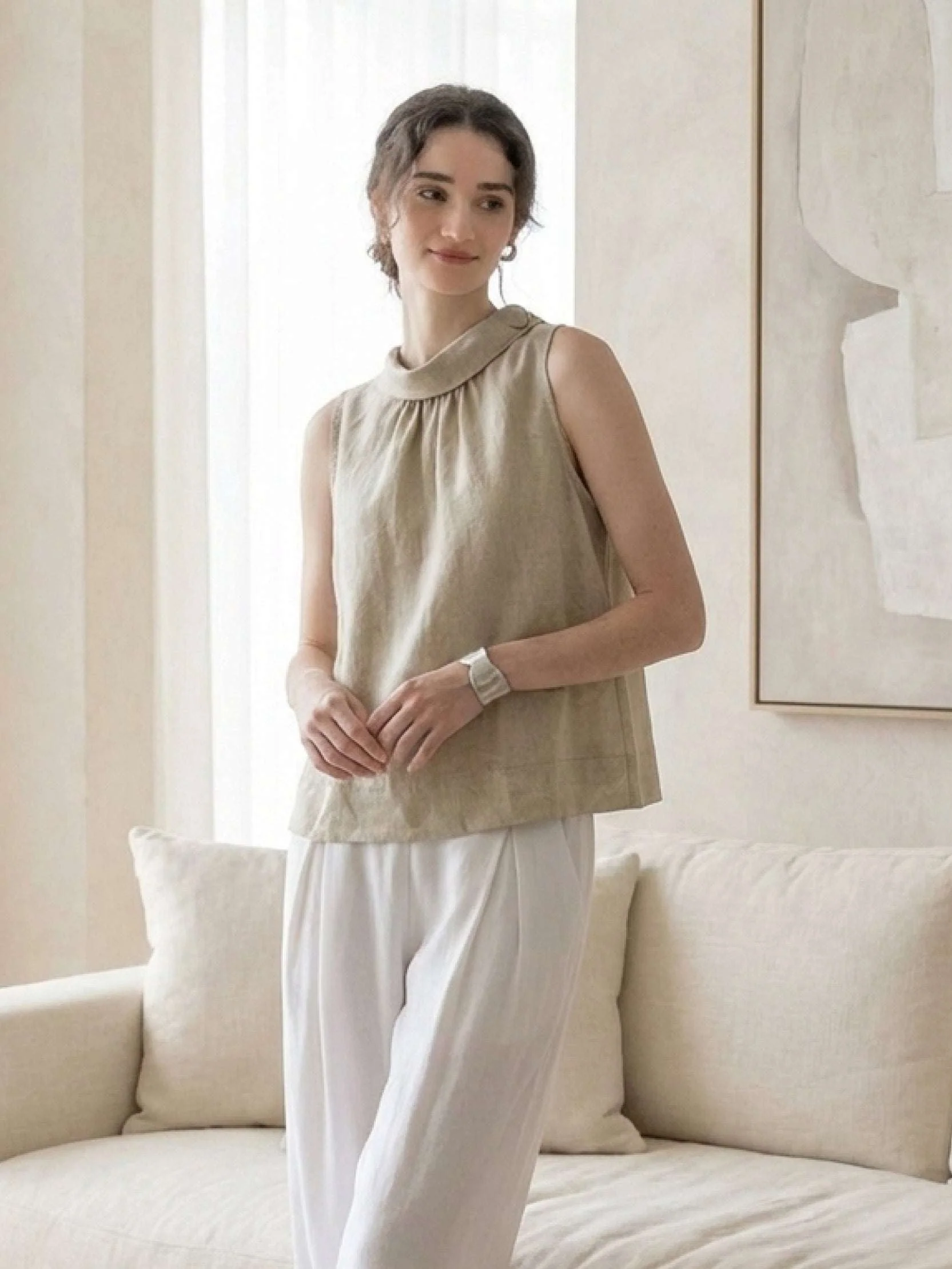 100% Linen Cowl-Collar Sleeveless Top - Image 14