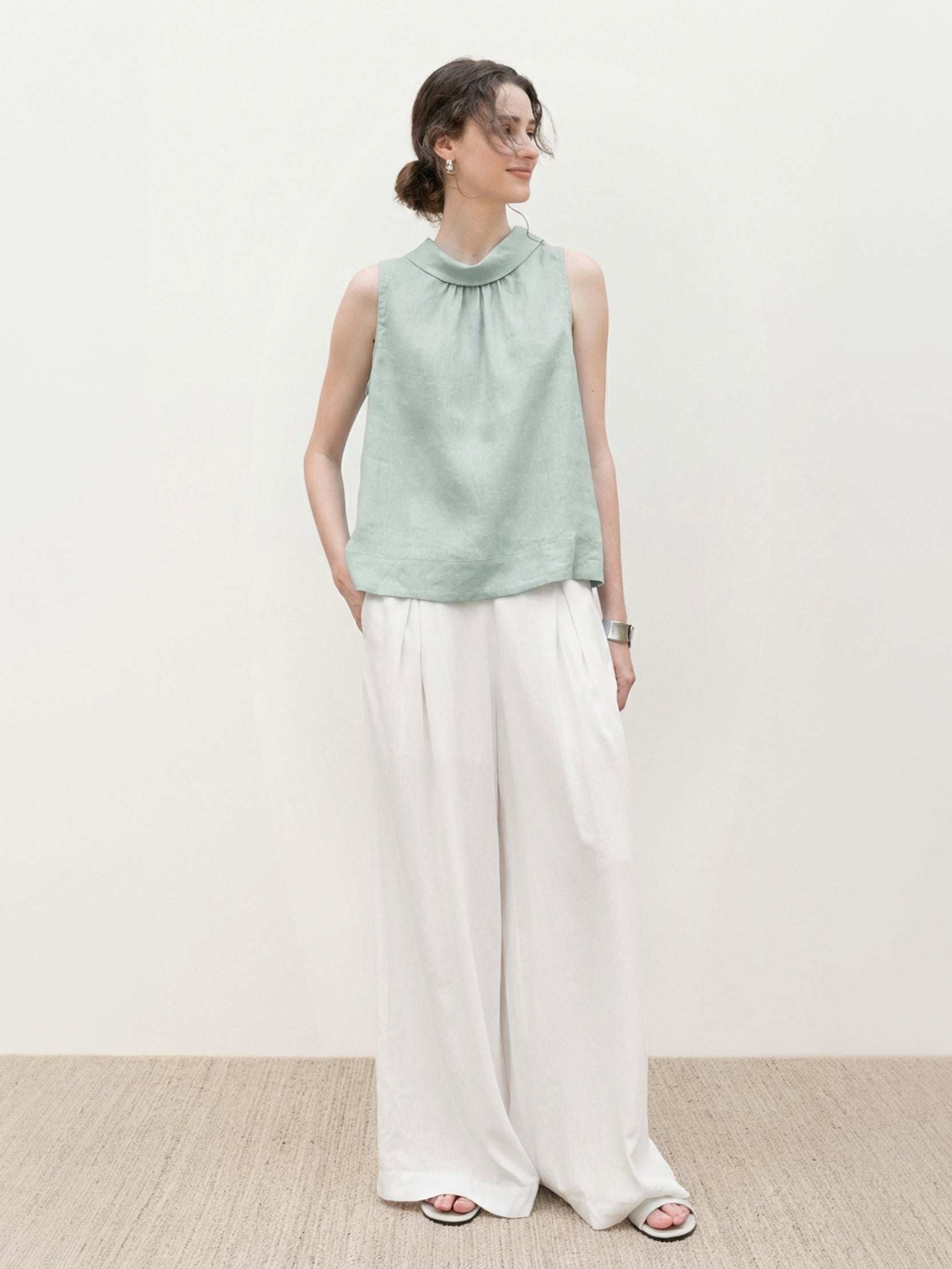 100% Linen Cowl-Collar Sleeveless Top - Image 3