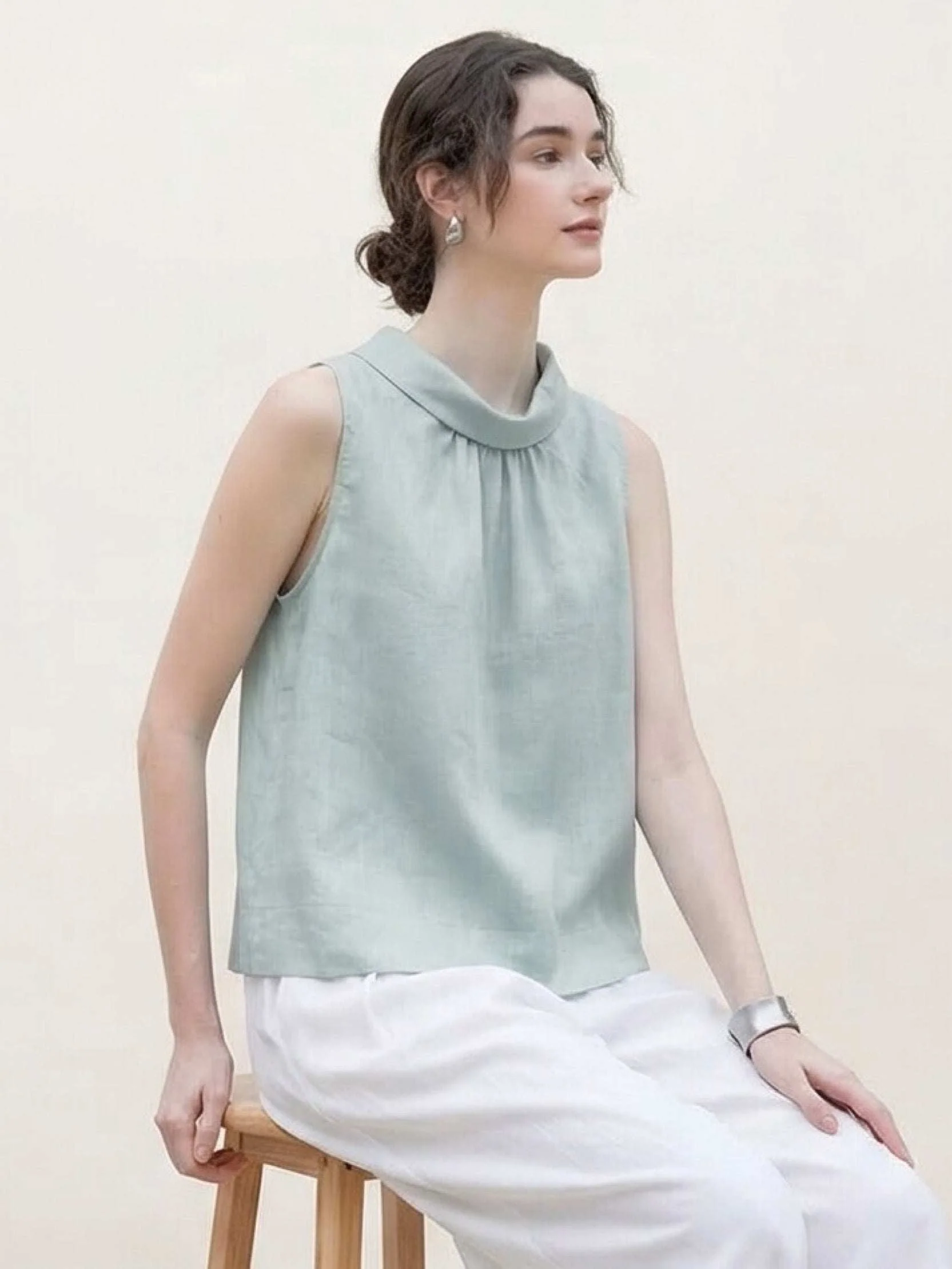 100% Linen Cowl-Collar Sleeveless Top - Image 5