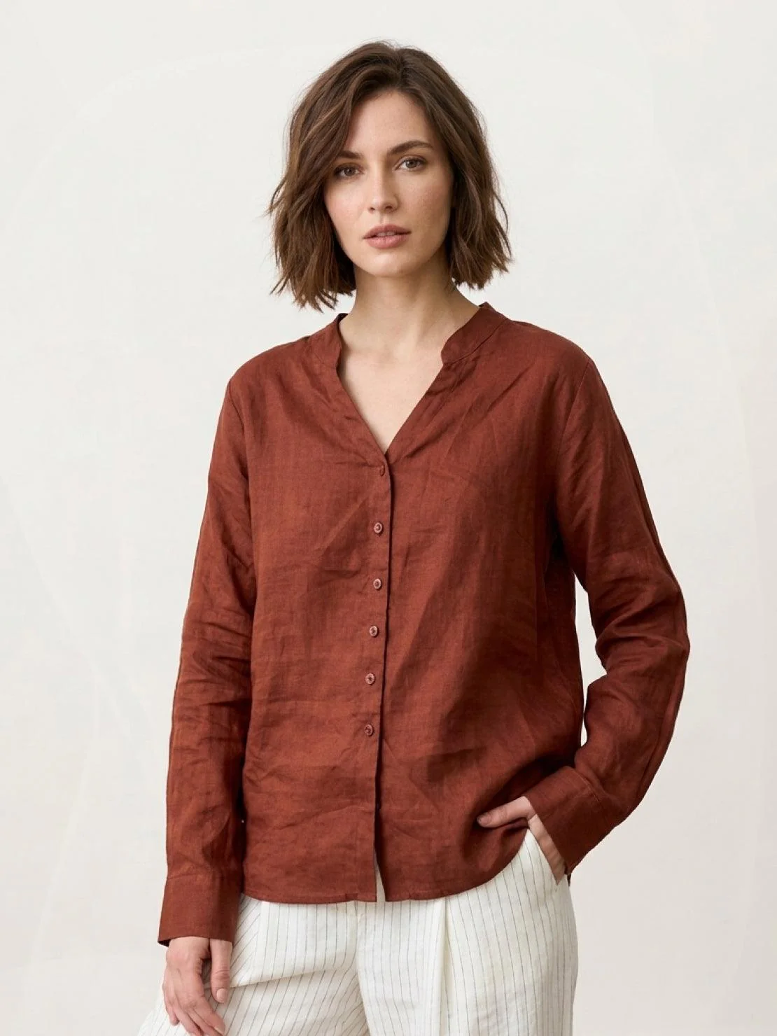 100% Linen V-Neck Shirt - Image 13