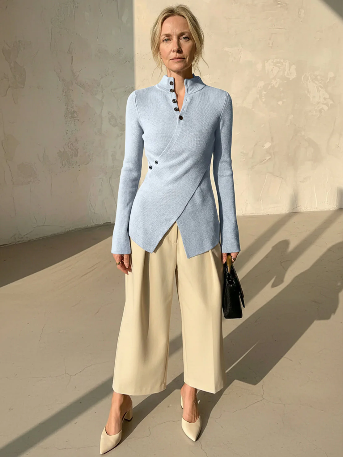 Asymmetric Wrap Ribbed Knit Top - Image 16