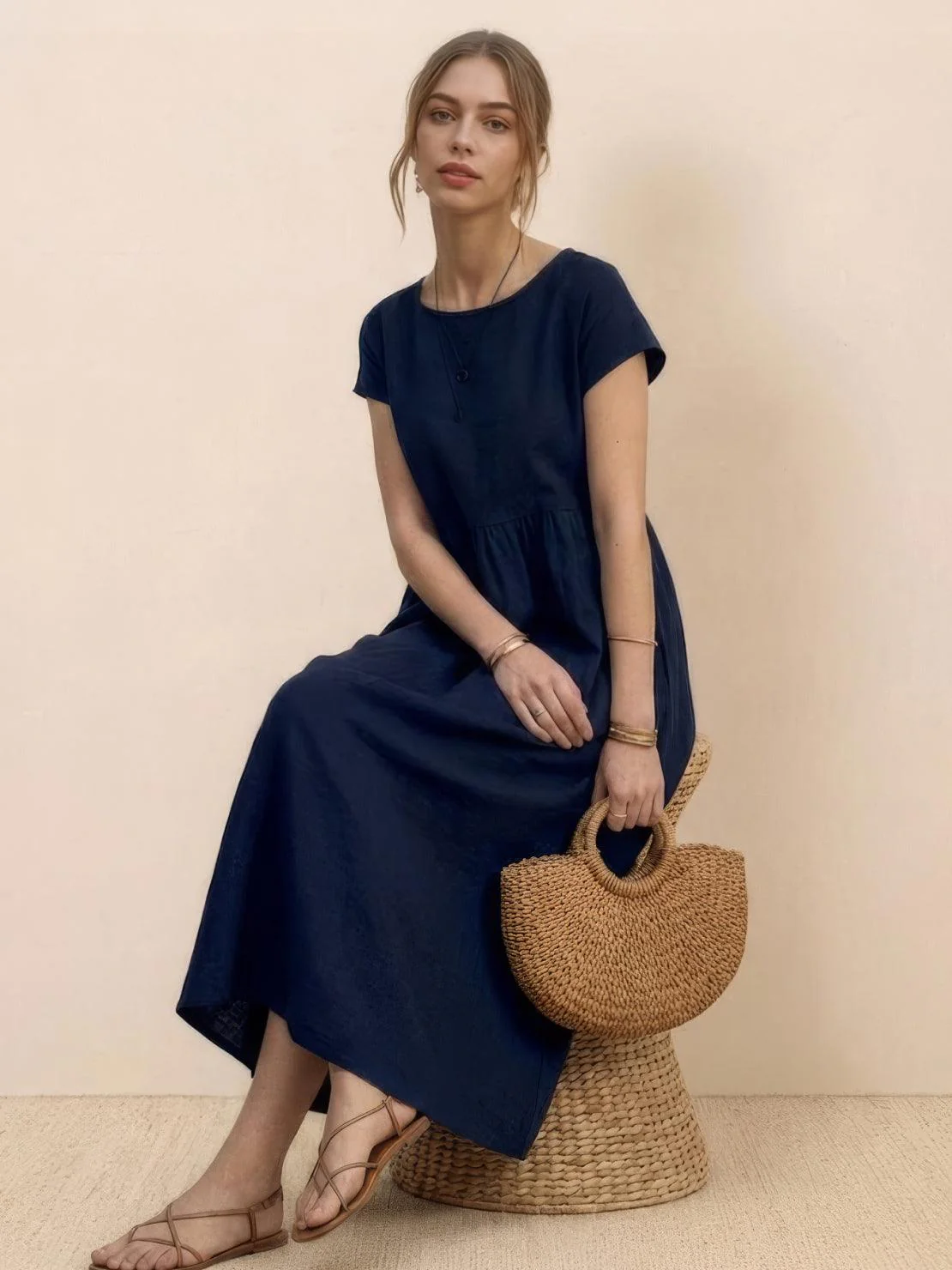 Capped-sleeve, Voluminous Pleated Midi Dress - Image 19