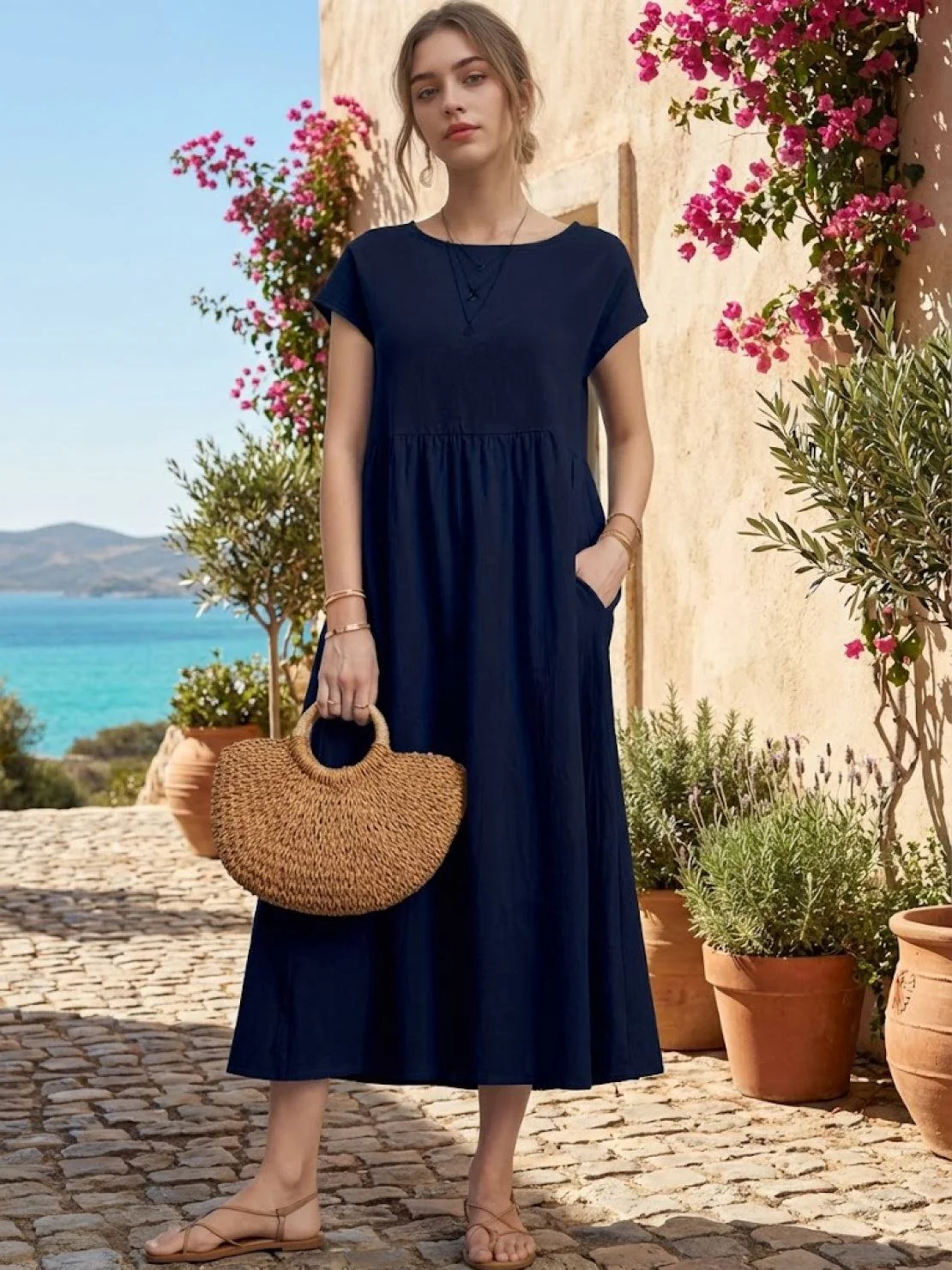 Capped-sleeve, Voluminous Pleated Midi Dress - Image 20
