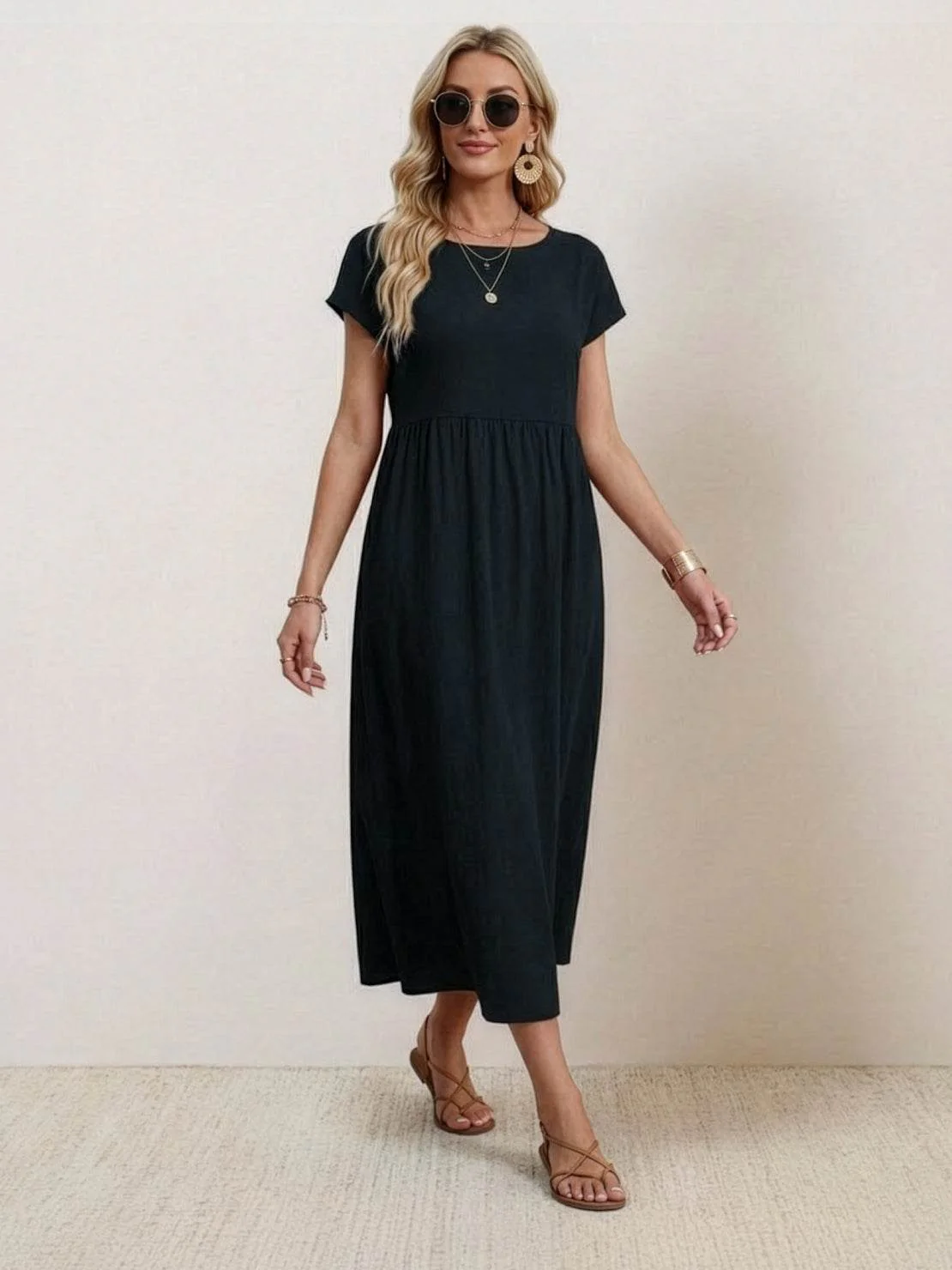 Capped-sleeve, Voluminous Pleated Midi Dress - Image 22
