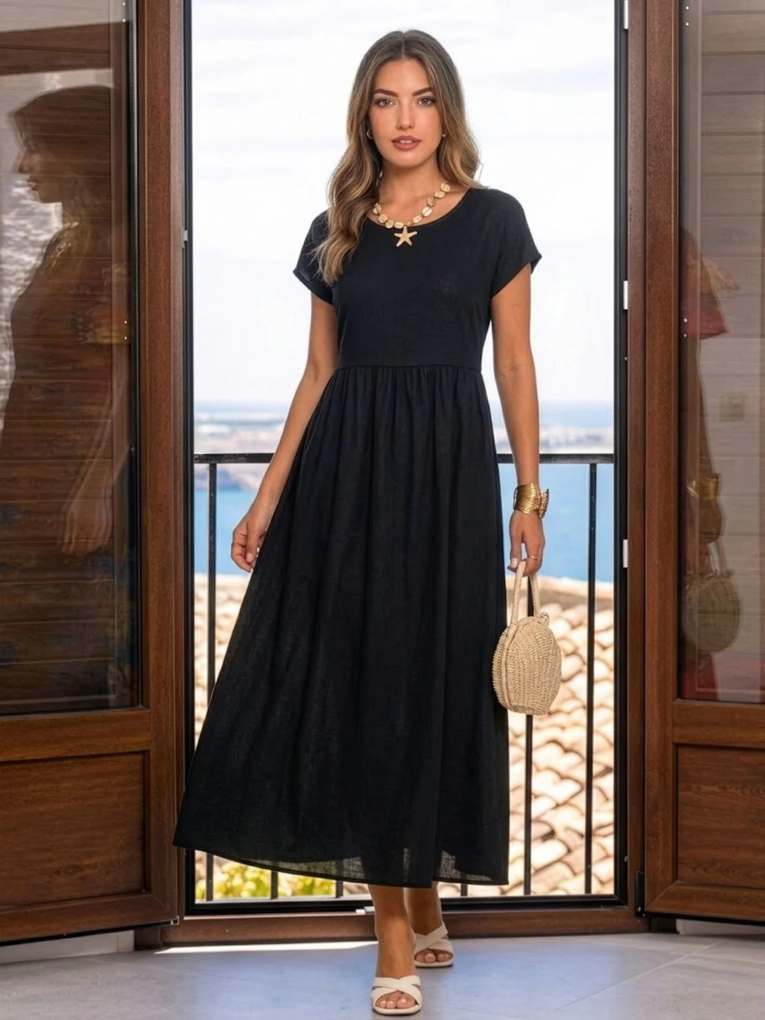 Capped-sleeve, Voluminous Pleated Midi Dress - Image 23