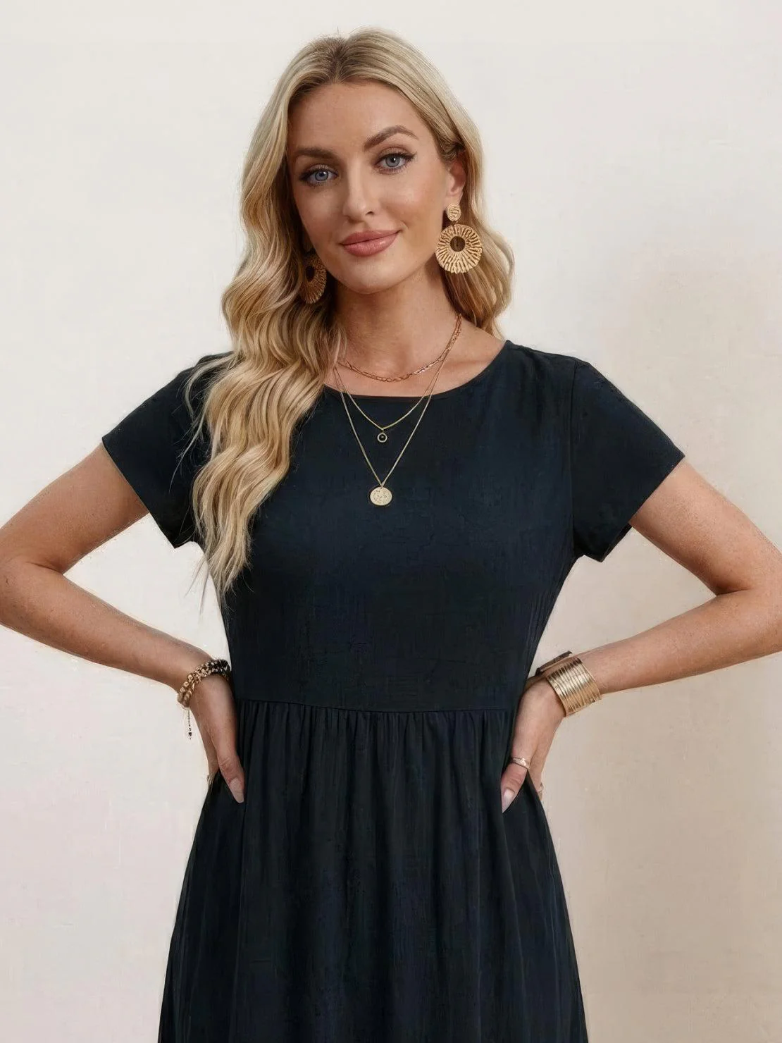 Capped-sleeve, Voluminous Pleated Midi Dress - Image 24