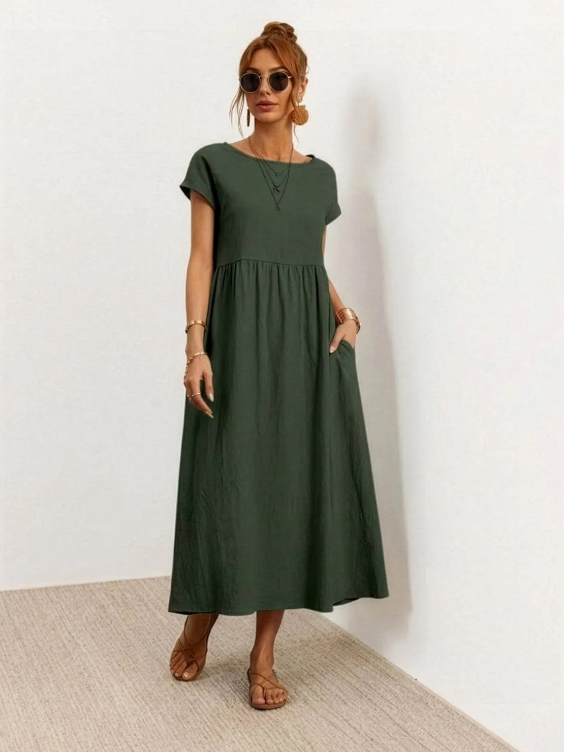 Capped-sleeve, Voluminous Pleated Midi Dress - Image 29
