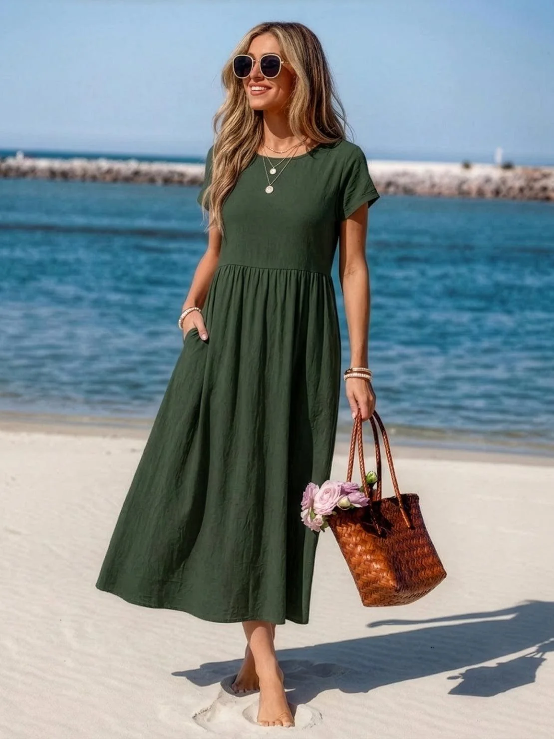 Capped-sleeve, Voluminous Pleated Midi Dress - Image 30