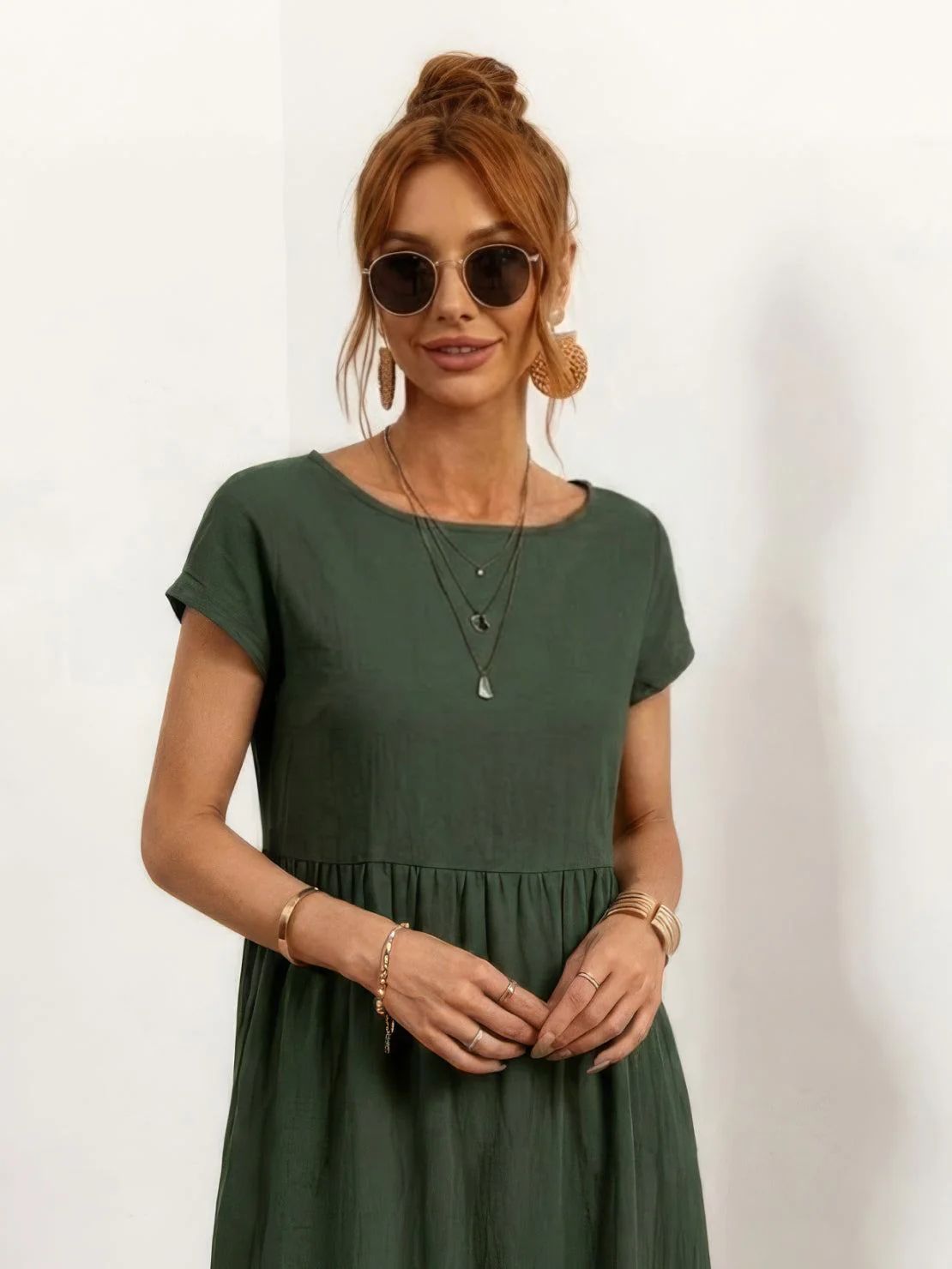 Capped-sleeve, Voluminous Pleated Midi Dress - Image 31