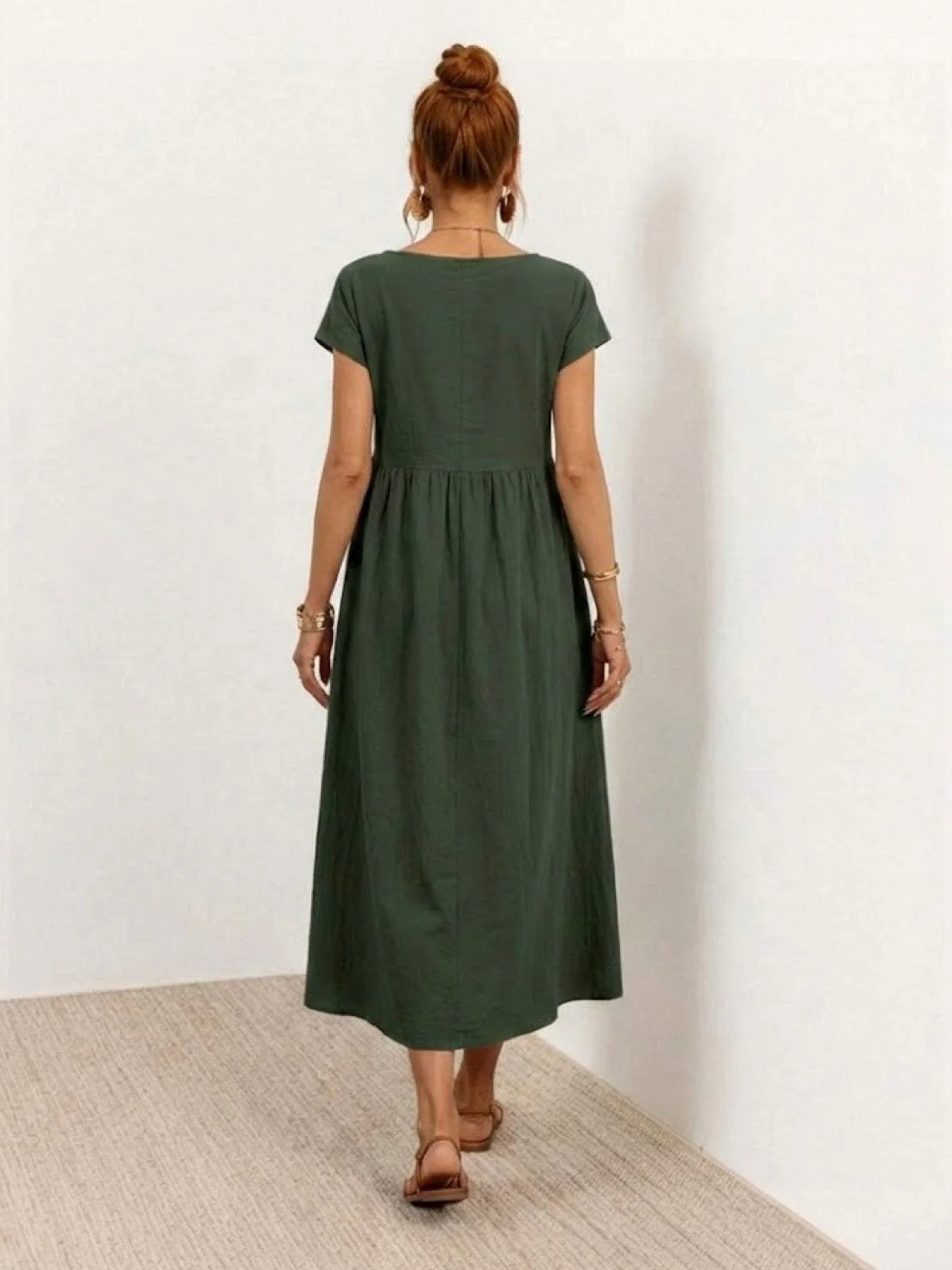 Capped-sleeve, Voluminous Pleated Midi Dress - Image 32