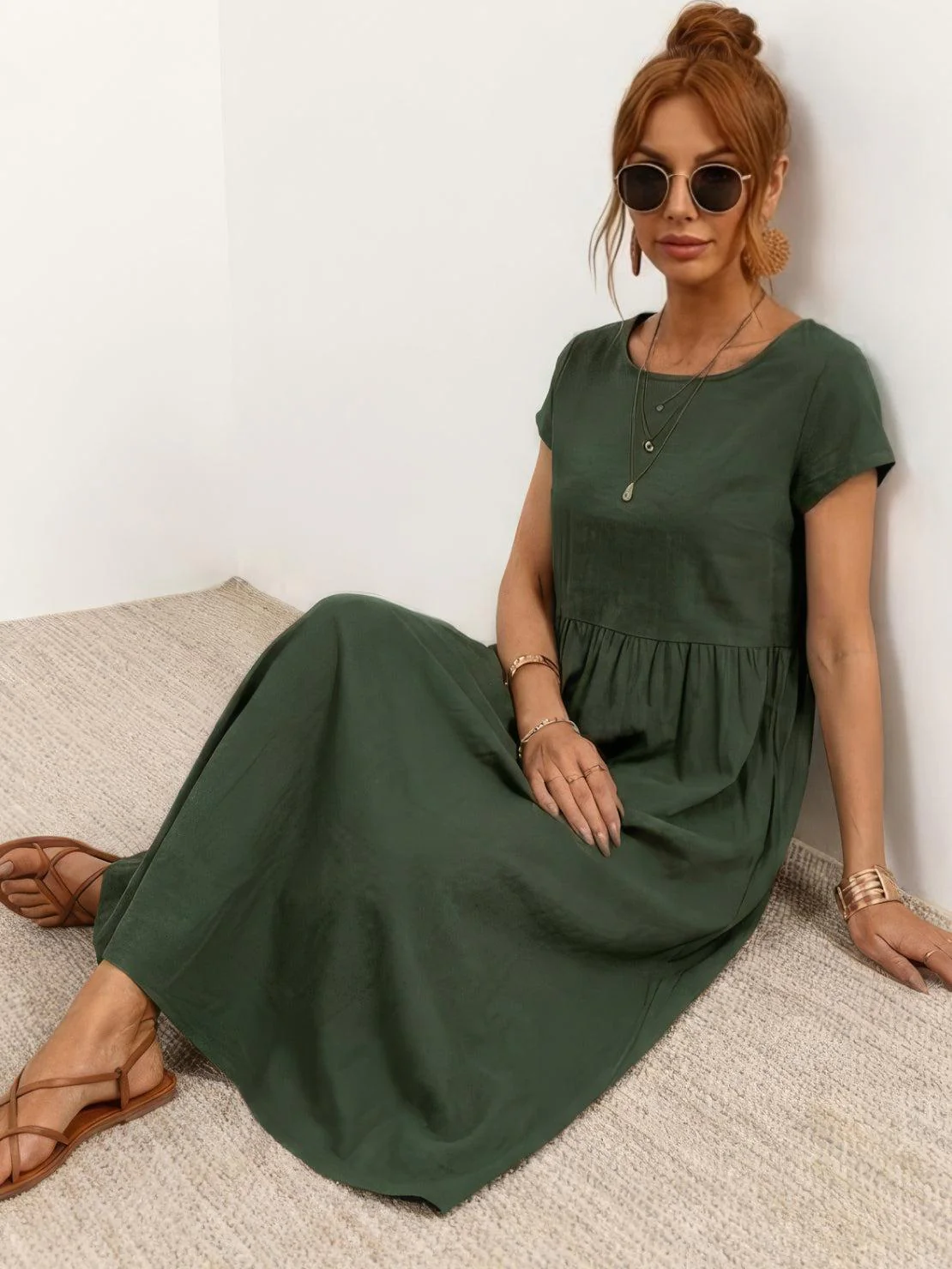 Capped-sleeve, Voluminous Pleated Midi Dress - Image 33