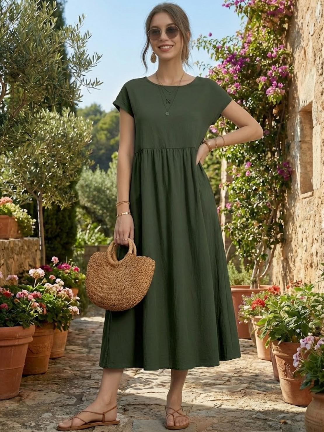 Capped-sleeve, Voluminous Pleated Midi Dress - Image 34