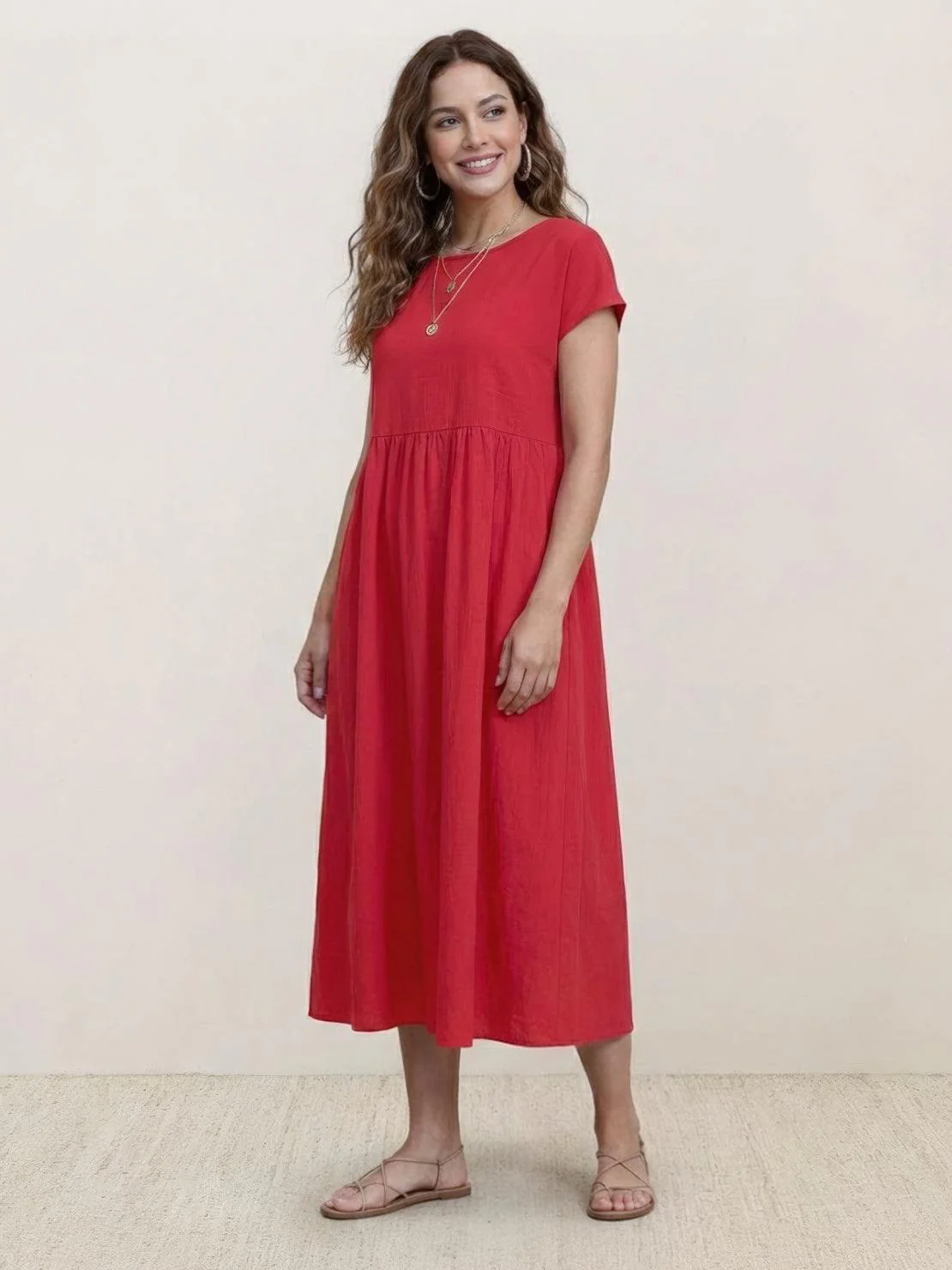 Capped-sleeve, Voluminous Pleated Midi Dress - Image 36