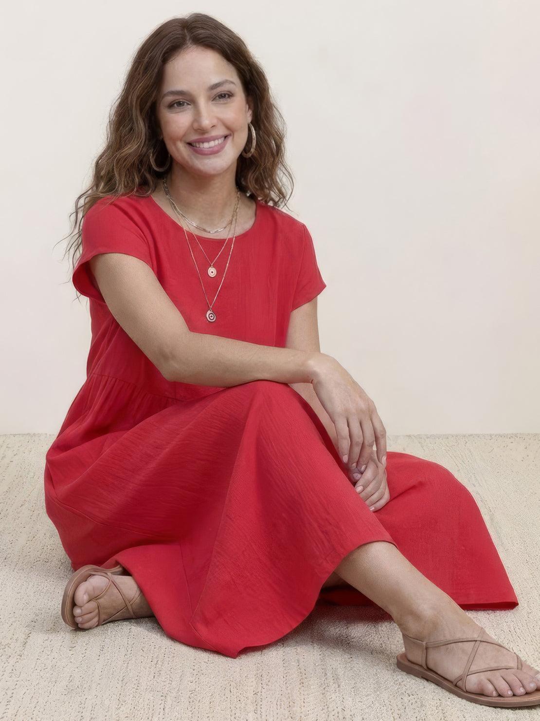 Capped-sleeve, Voluminous Pleated Midi Dress - Image 40