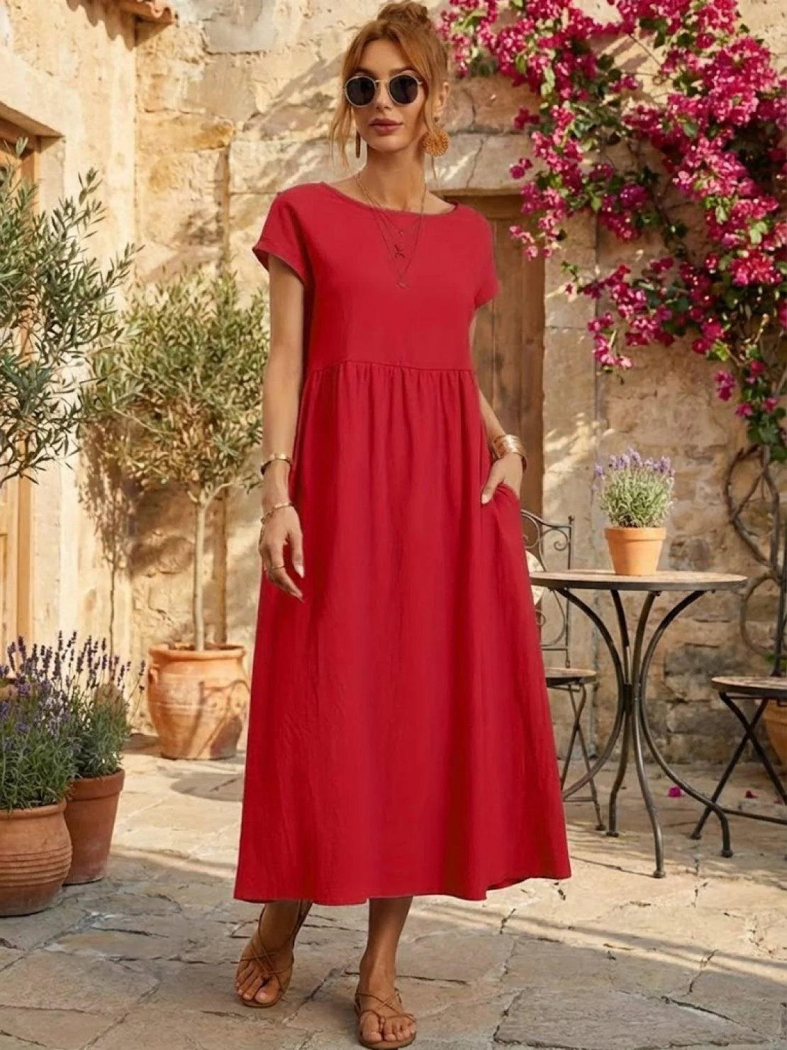 Capped-sleeve, Voluminous Pleated Midi Dress - Image 41