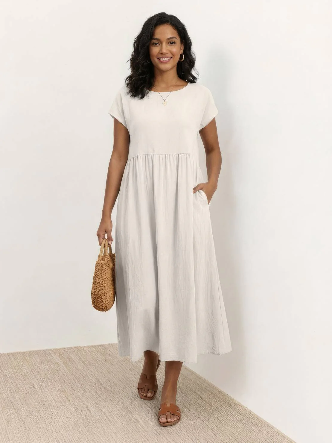 Capped-sleeve, Voluminous Pleated Midi Dress - Image 43