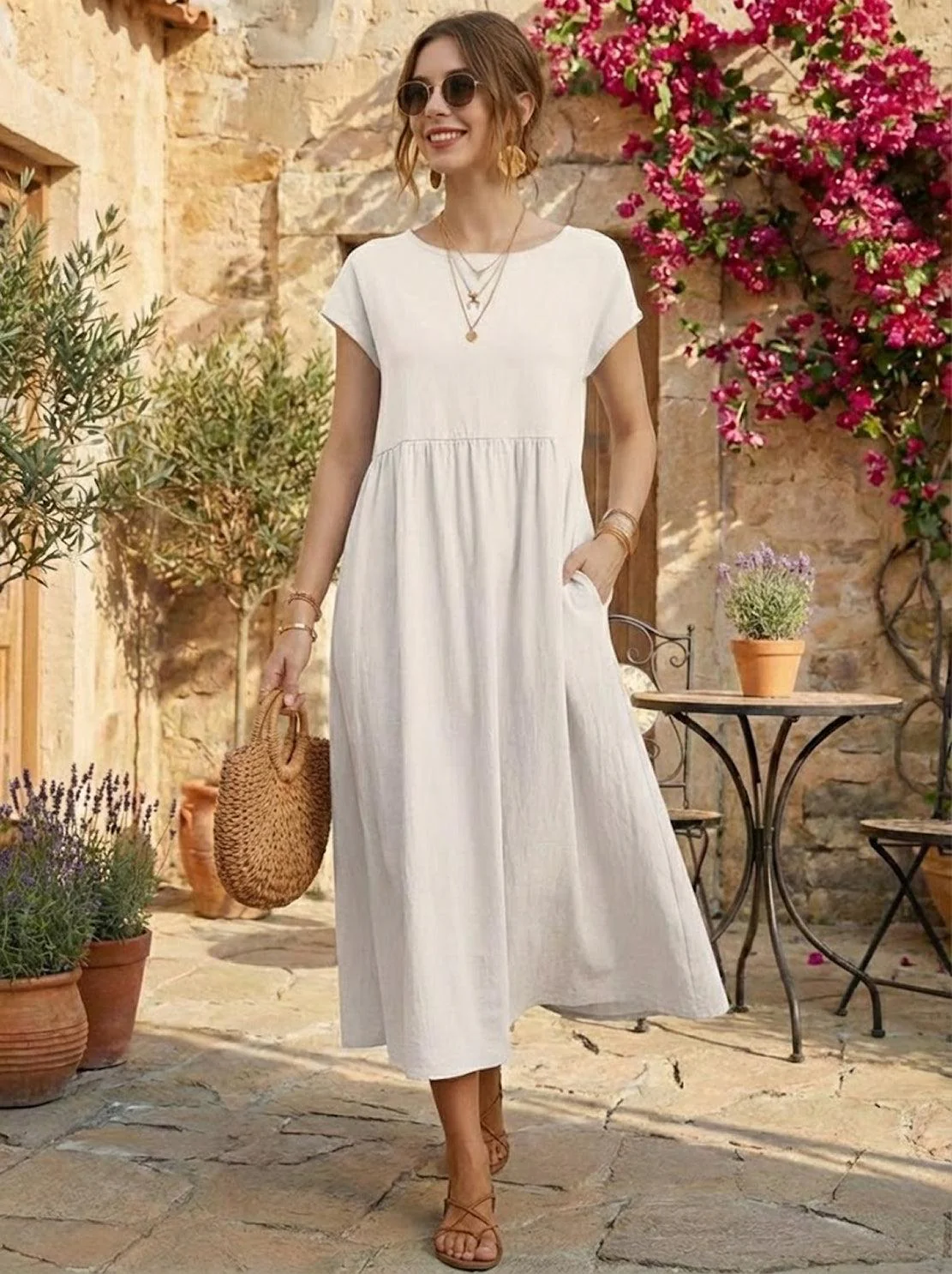 Capped-sleeve, Voluminous Pleated Midi Dress - Image 48