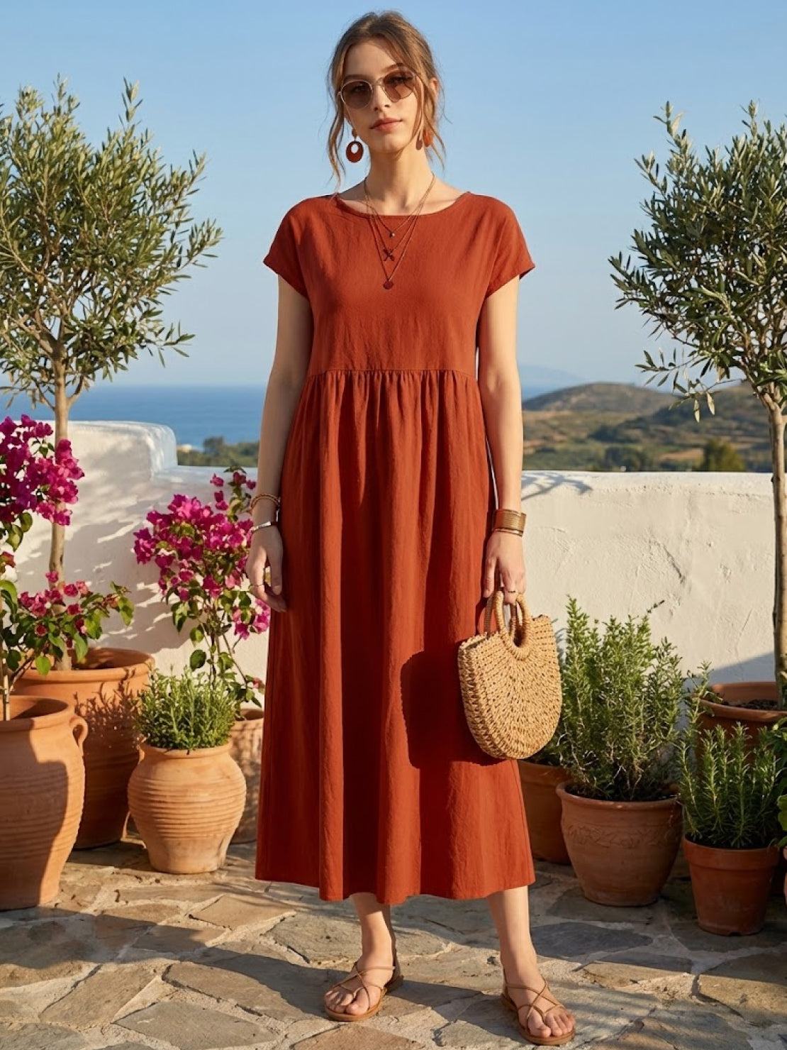 Capped-sleeve, Voluminous Pleated Midi Dress - Image 6