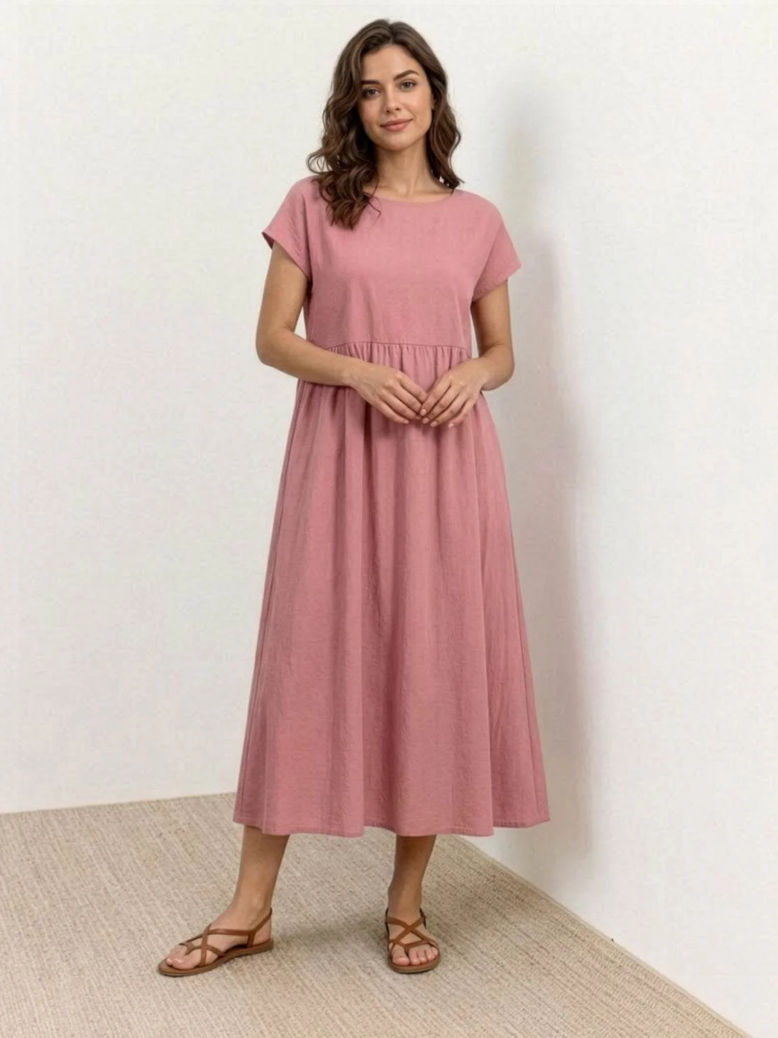 Capped-sleeve, Voluminous Pleated Midi Dress - Image 8