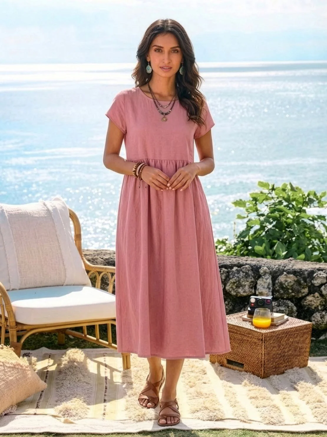 Capped-sleeve, Voluminous Pleated Midi Dress - Image 9