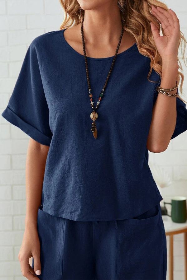 Classy & Laid Back Lifestyle: Rolled Cuff Top And Patch Pocket Pants Set - Image 14