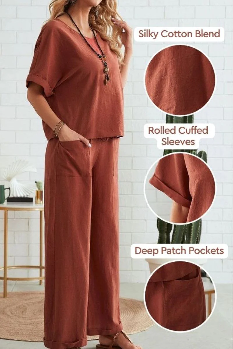Classy & Laid Back Lifestyle: Rolled Cuff Top And Patch Pocket Pants Set - Image 2