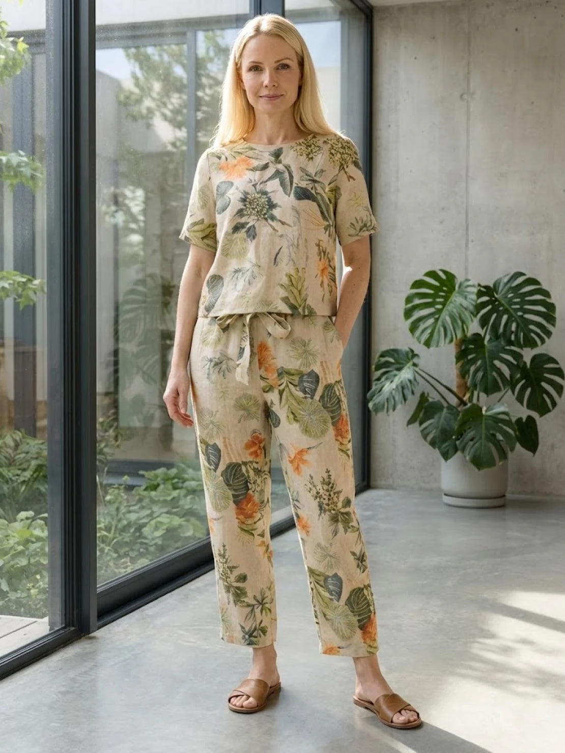 Cotton-Linen Blend Monochrome Two-Piece Set - Image 42