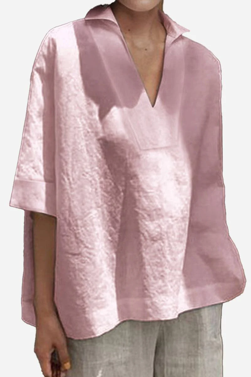 Cotton-Linen V-Neck  Relaxed Fit Shirt - Image 12
