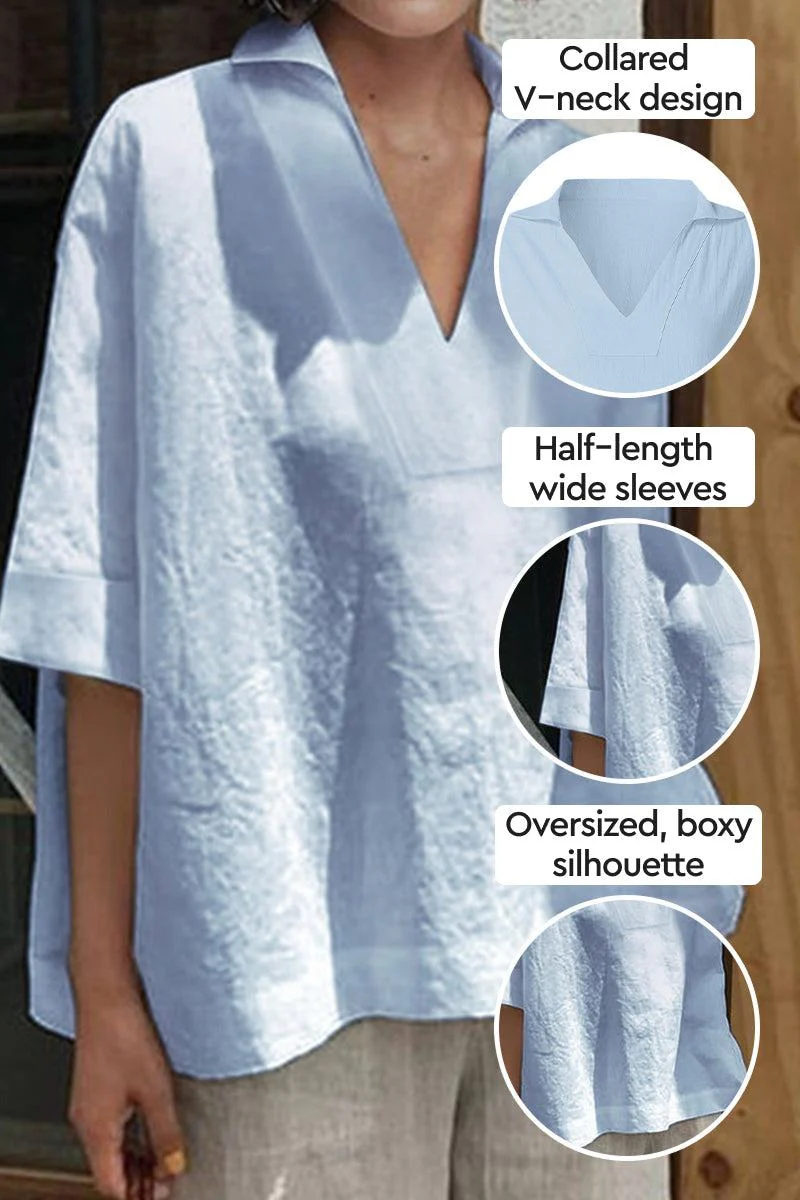 Cotton-Linen V-Neck  Relaxed Fit Shirt - Image 2