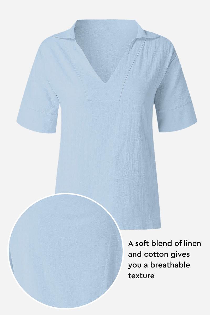 Cotton-Linen V-Neck  Relaxed Fit Shirt - Image 3