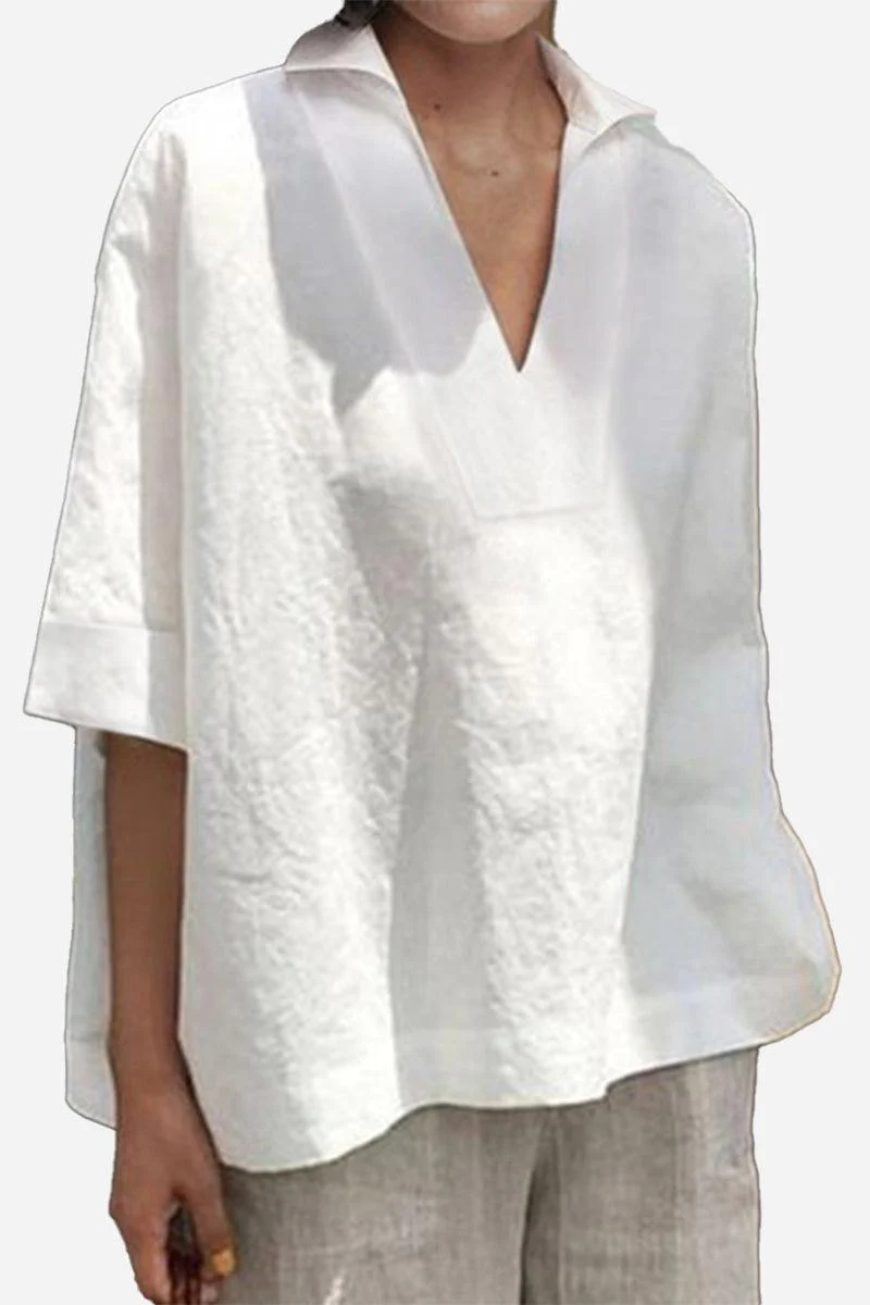 Cotton-Linen V-Neck  Relaxed Fit Shirt - Image 5