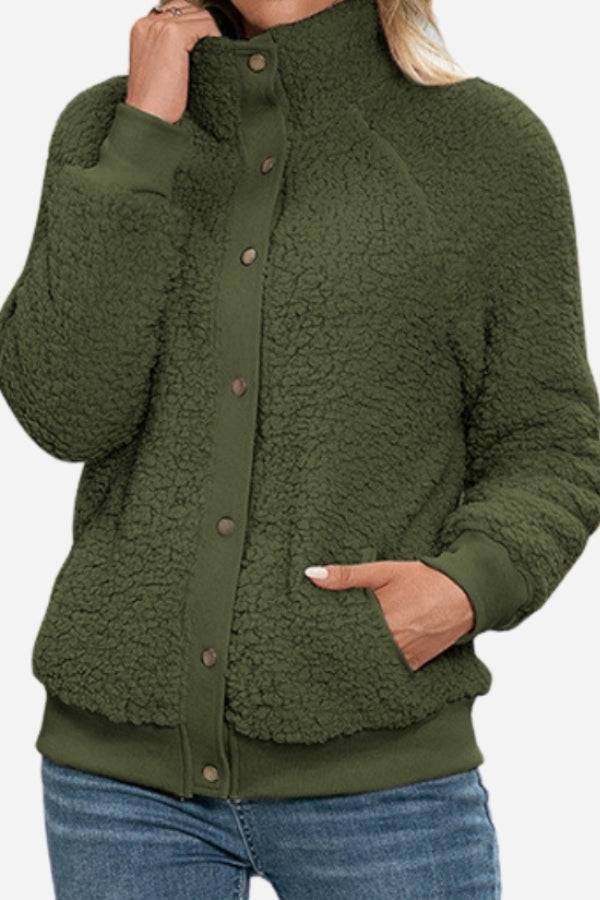 Cozy Long Sleeve Button Sherpa Jacket - Image 5